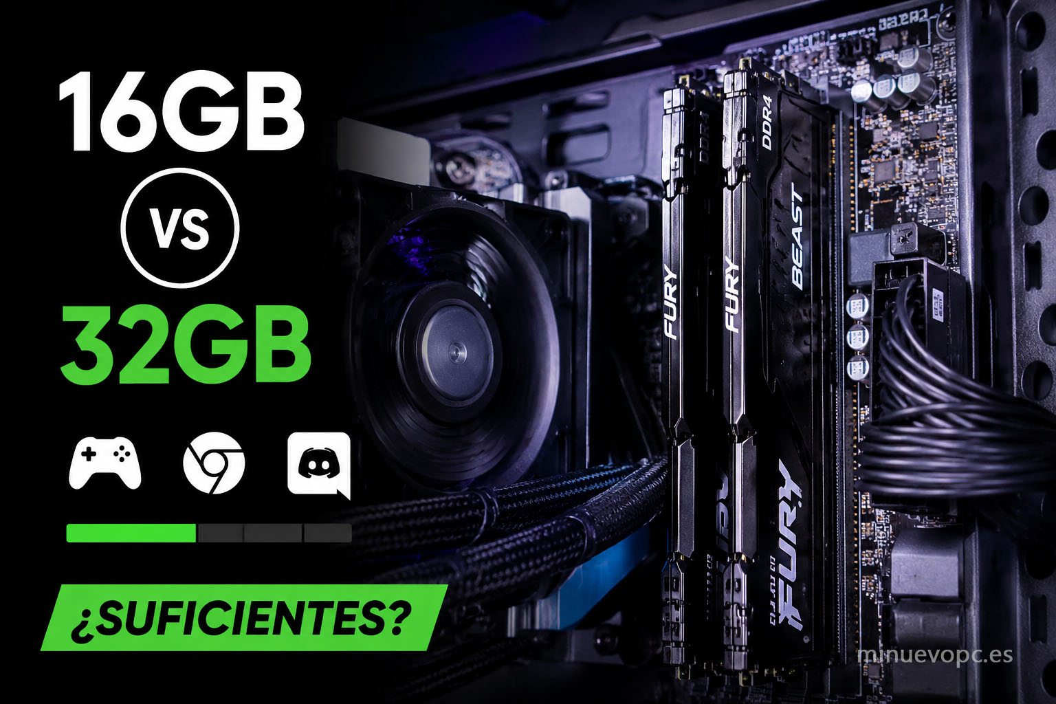 Comparativa visual entre 16 GB y 32 GB de RAM DDR4 para gaming, multitarea y streaming, mostrando cuándo merece la pena ampliar memoria.