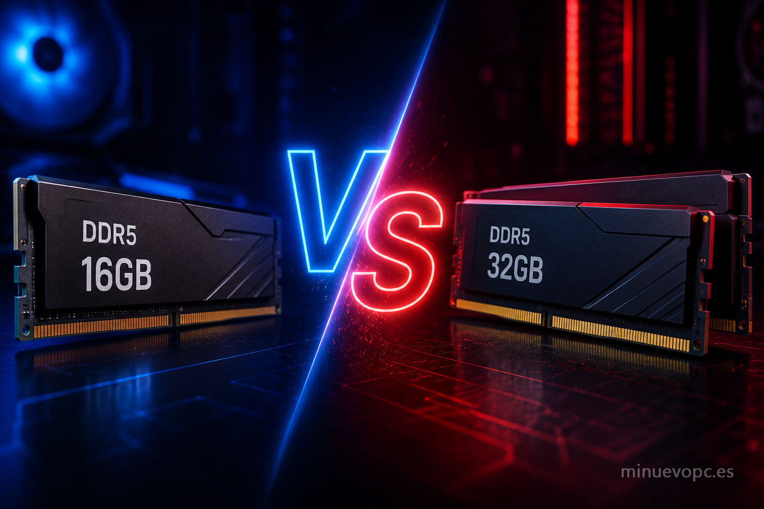 Comparativa entre memoria RAM DDR5 de 16 GB y 32 GB para gaming, productividad y multitarea, mostrando cuál ofrece mejor rendimiento.