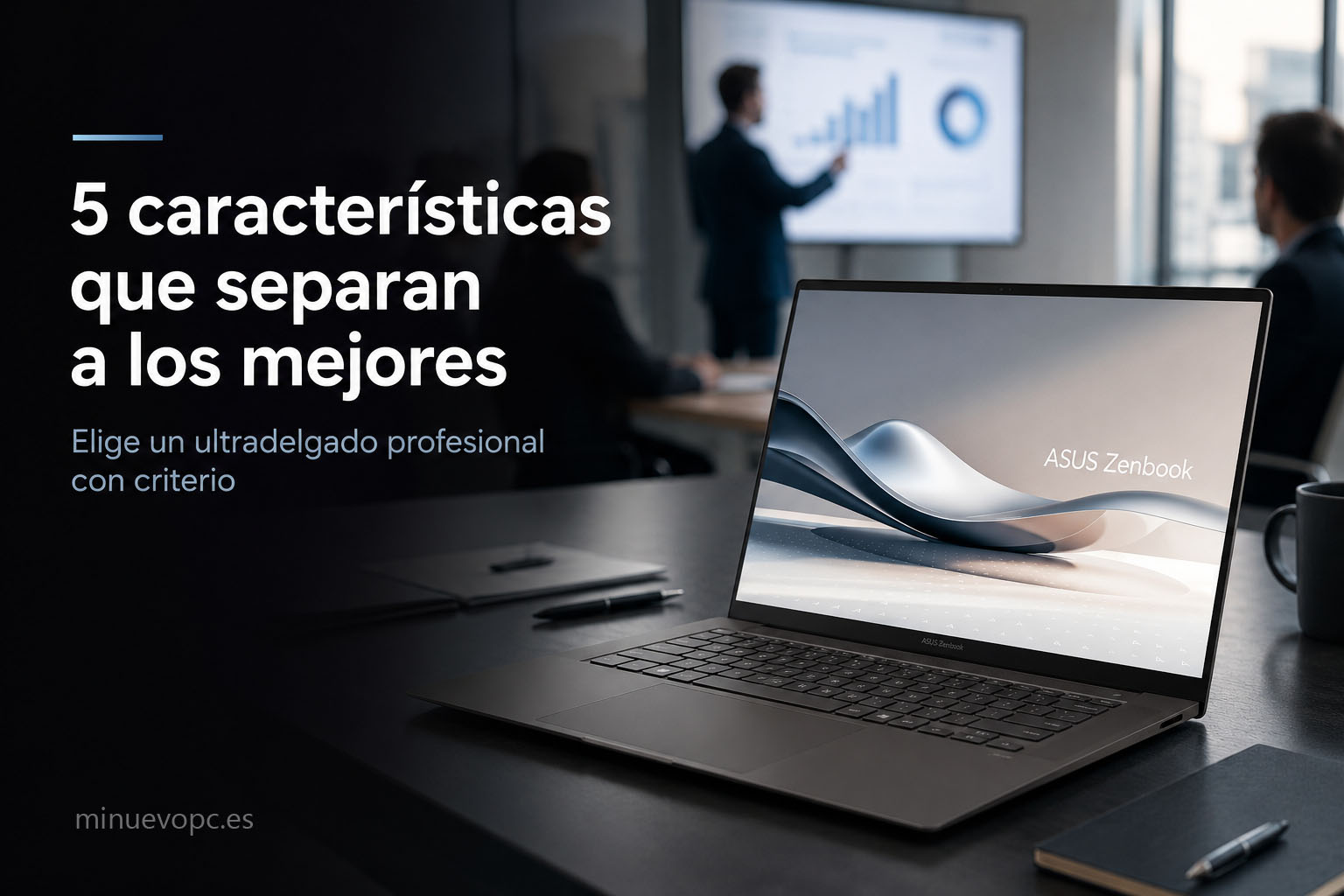 Portátil ultradelgado profesional en sala de reuniones moderna con diseño premium y enfoque en movilidad y productividad