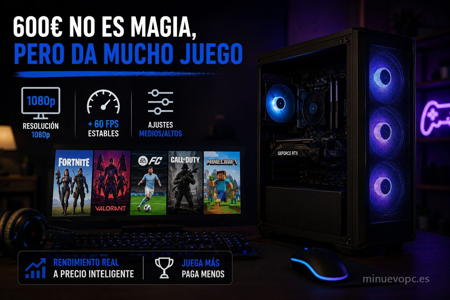 Torre gaming con indicadores de rendimiento en 1080p y 60 FPS que muestra lo que puede ofrecer un PC gaming por 600 euros con una buena calidad precio