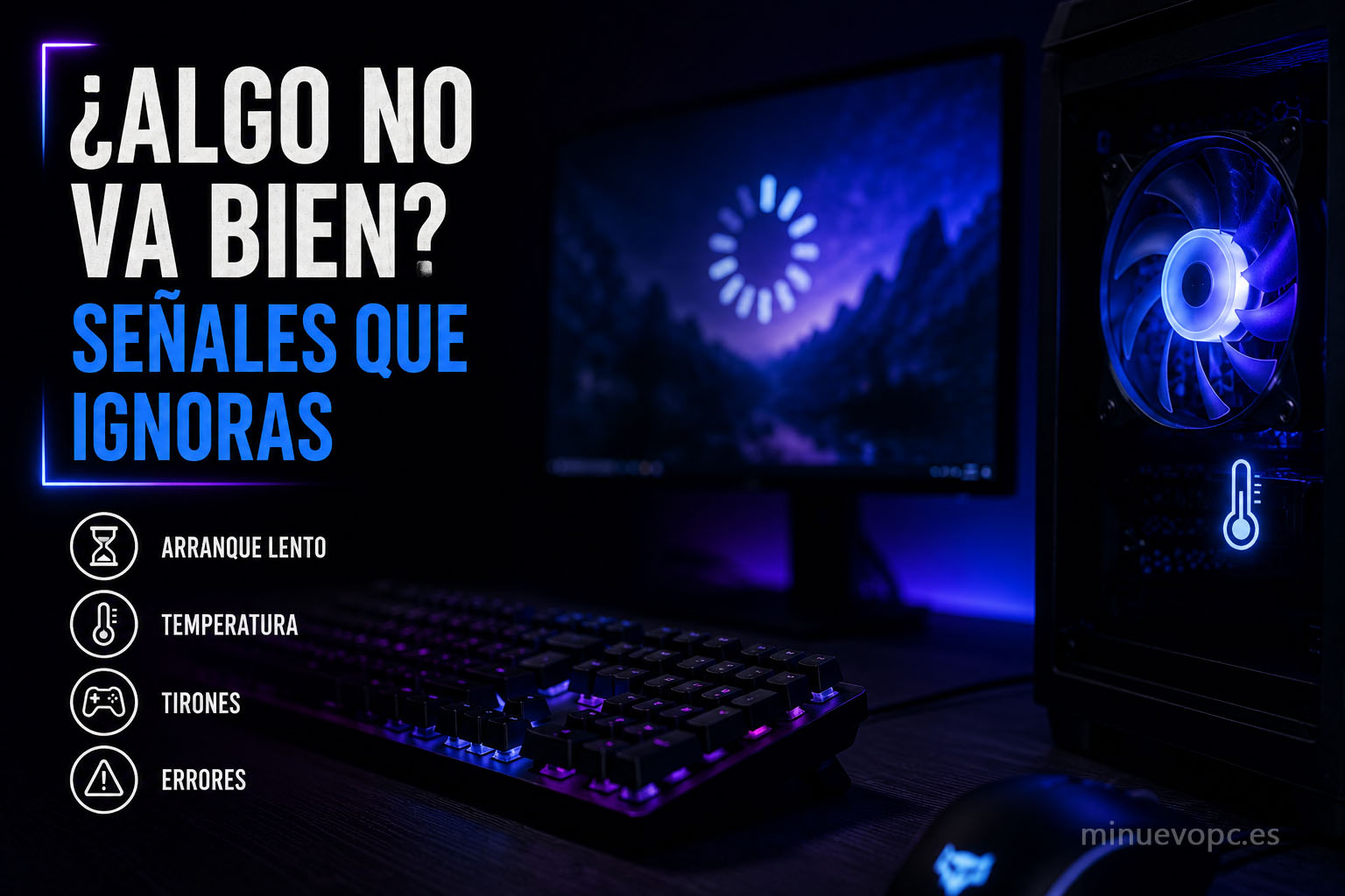 Ventilador RGB iluminado, iconos de alerta y monitor desenfocado representando arranques lentos, temperaturas altas y tirones en juegos