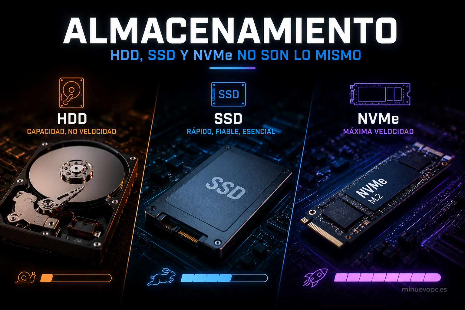 Comparativa visual entre HDD, SSD y NVMe M.2 en PC gaming moderno, mostrando diferencias de velocidad y almacenamiento en hardware de ordenador