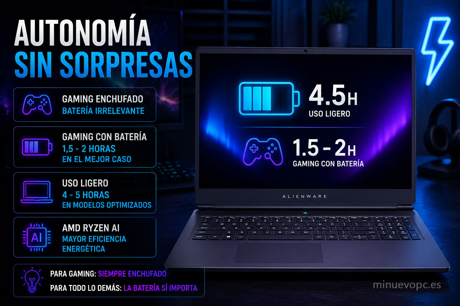 Portátil gaming Alienware visto de frente con interfaz visual de batería y autonomía, mostrando duración en gaming enchufado, uso ligero y eficiencia energética en portátil gaming para trabajo y juegos.