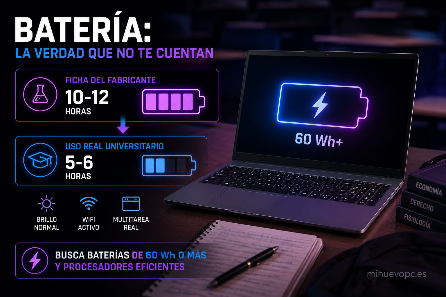 Portátil universitario con batería de larga duración y autonomía real de 6 a 8 horas, imagen sobre eficiencia energética y uso académico