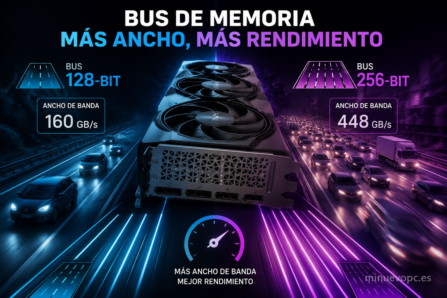 Comparativa de bus de memoria 128-bit vs 256-bit en tarjeta gráfica gaming mostrando diferencia de ancho de banda y rendimiento de VRAM