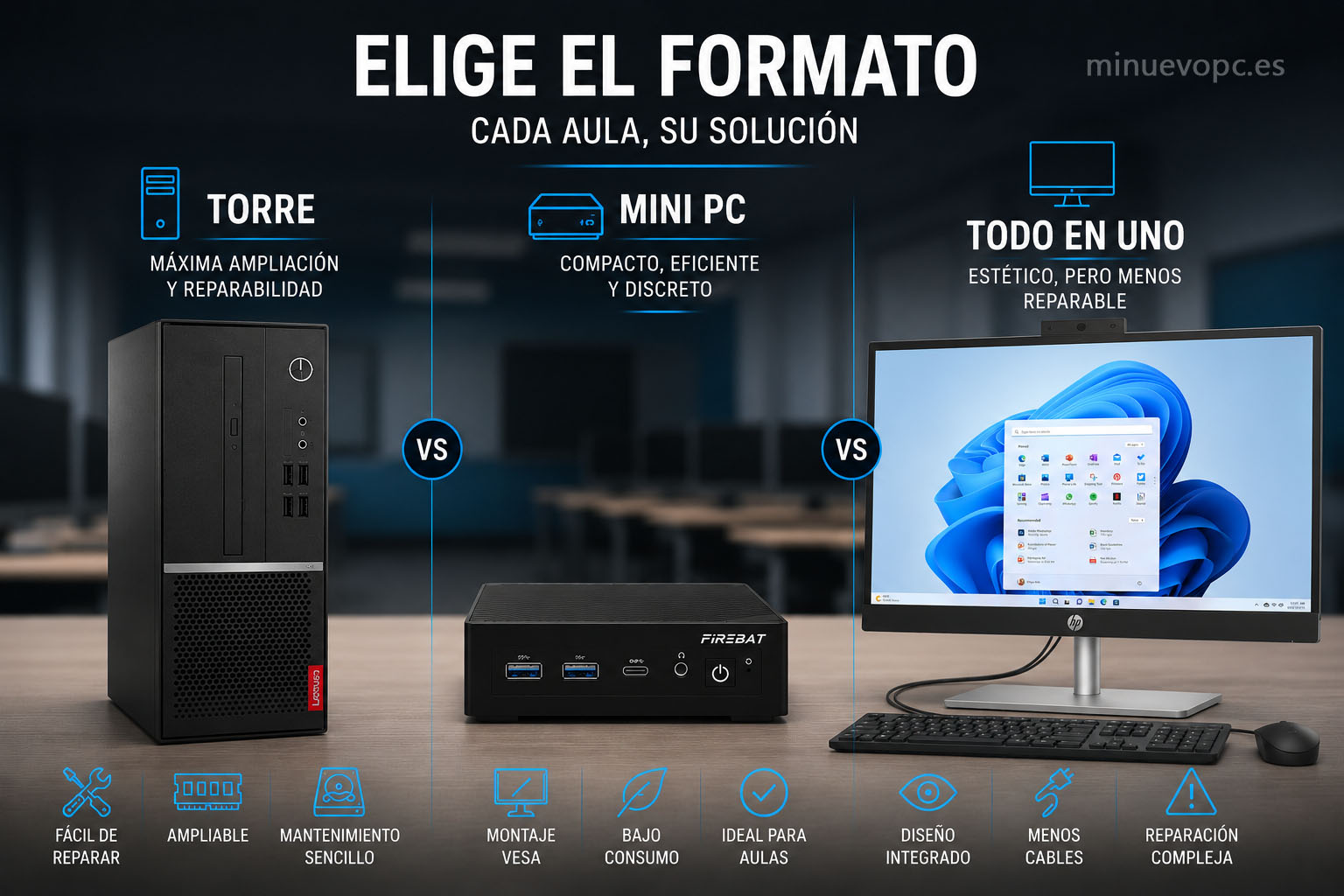 Comparativa de torre, mini PC y ordenador todo en uno para centros de formación y aulas informáticas