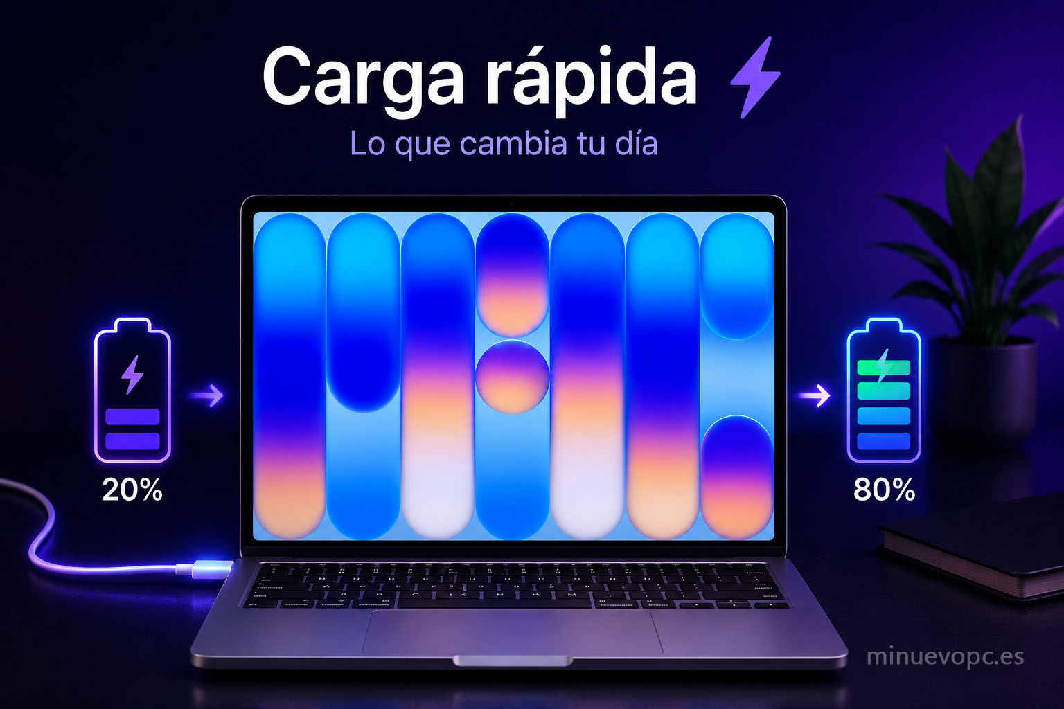 Tecnología de carga rápida en portátiles modernos que permite recuperar horas de autonomía en poco tiempo mediante conexión USB-C