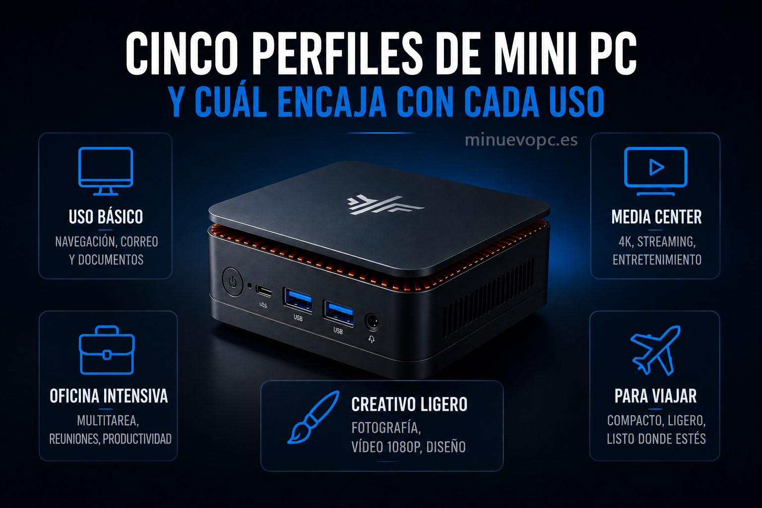 Mini PC compacto para oficina, multimedia, diseño y viajes con distintos perfiles de uso y productividad