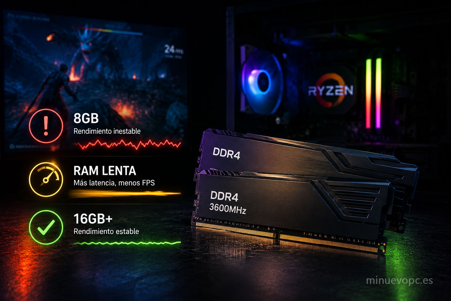 Memoria RAM para gaming mostrando diferencias de rendimiento y estabilidad de FPS en juegos modernos