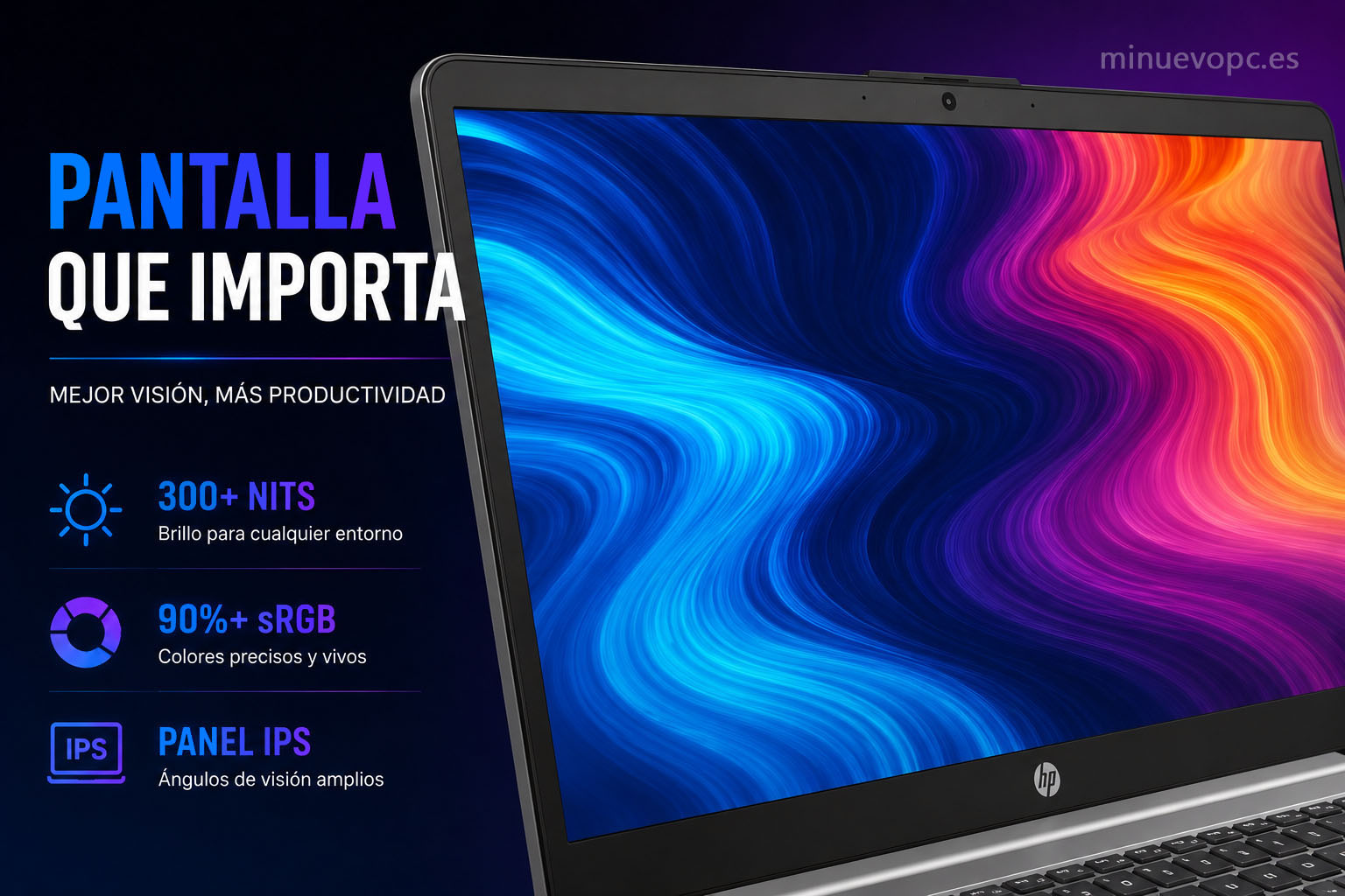 Primer plano de pantalla IPS en portátil con colores vivos y buen brillo para trabajar muchas horas