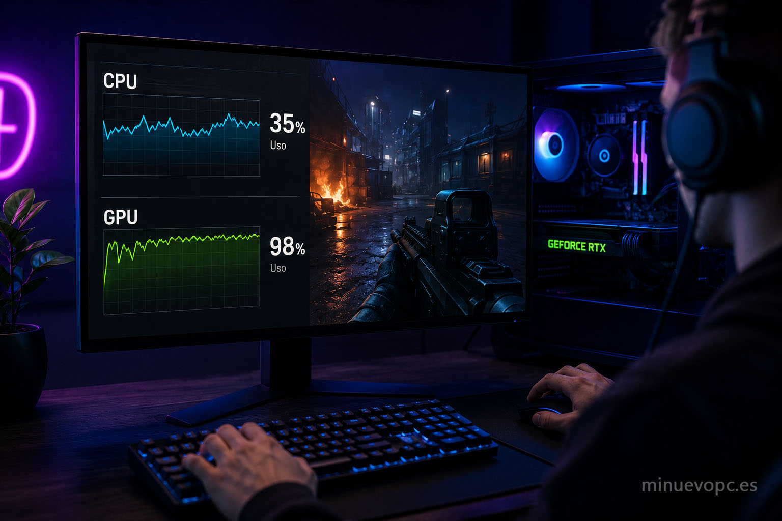 Monitor gaming mostrando uso de CPU y GPU mientras se juega para detectar un cuello de botella en el PC