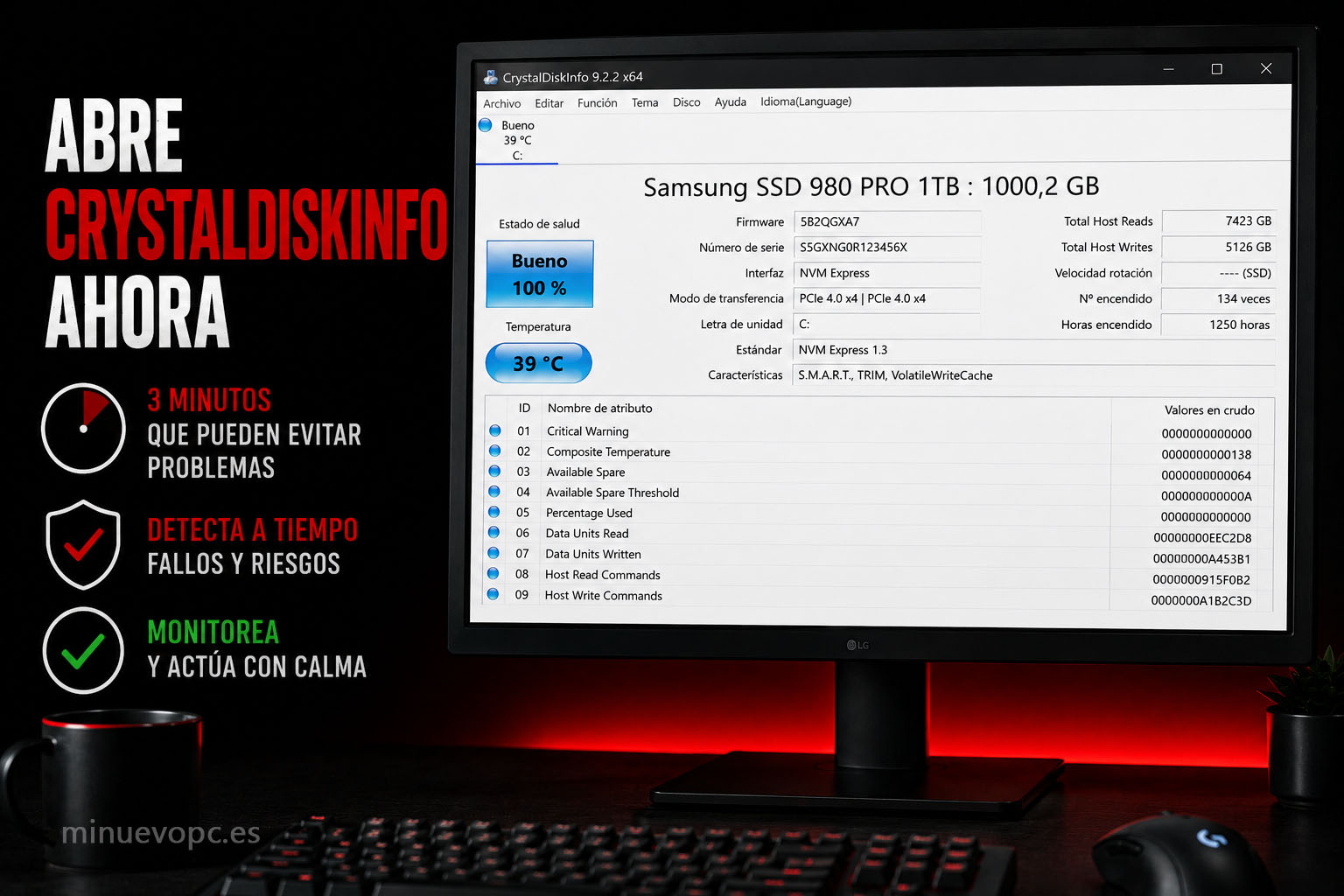 Pantalla de PC con CrystalDiskInfo mostrando el estado de salud de un SSD NVMe para comprobar errores y detectar fallos antes de cambiar el disco