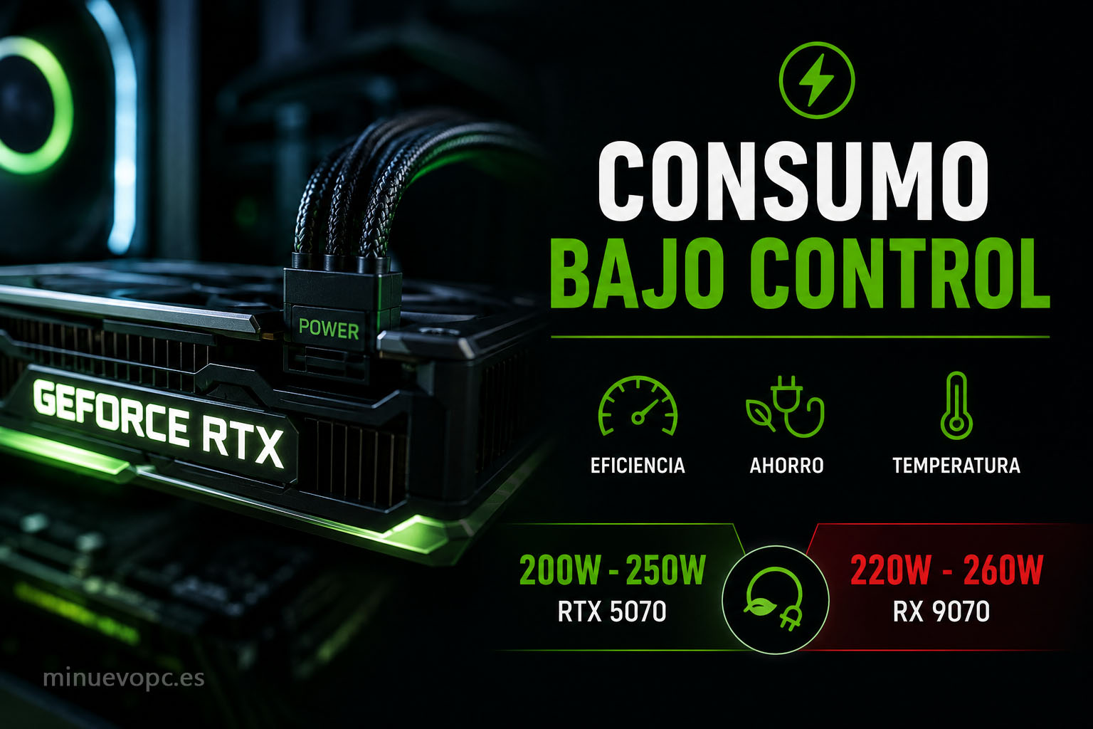Detalle del conector de alimentación de una GeForce RTX con enfoque en eficiencia energética y consumo eléctrico para elegir una GPU pensando a largo plazo