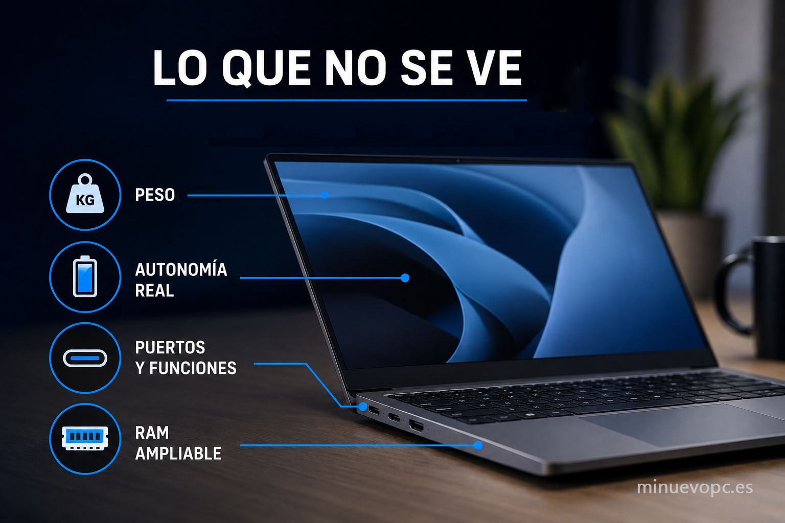 Detalles clave de un portátil moderno: autonomía real, peso, puertos USB-C y memoria RAM ampliable antes de comprar