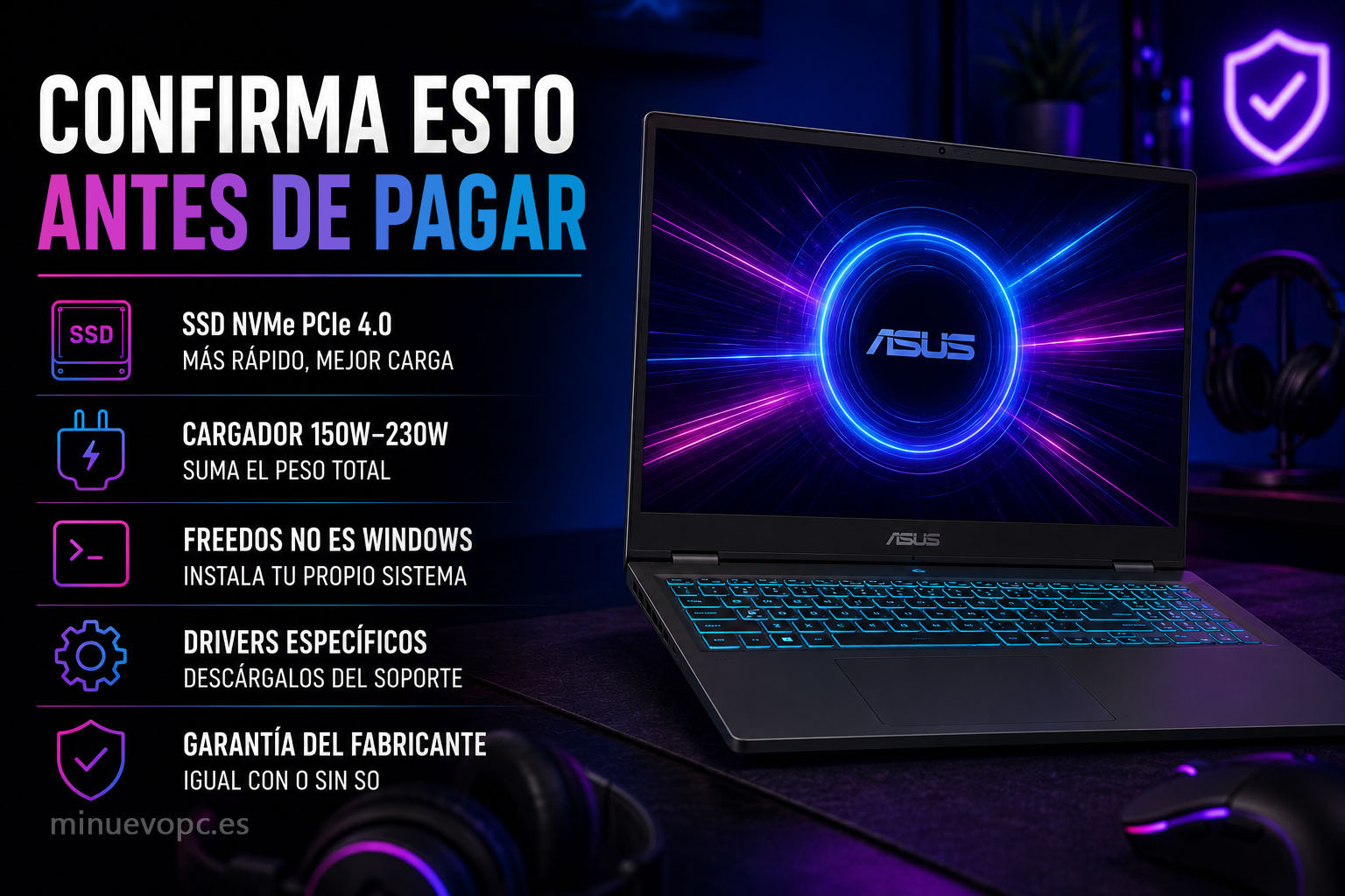 Portátil gaming sin sistema operativo mostrando SSD NVMe, drivers, cargador y detalles importantes que revisar antes de comprar en Amazon