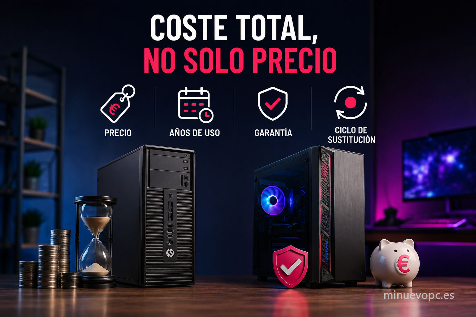 Dos ordenadores de sobremesa junto a iconos de garantía, años de uso y coste total para decidir si merece la pena comprar un PC nuevo o reacondicionado