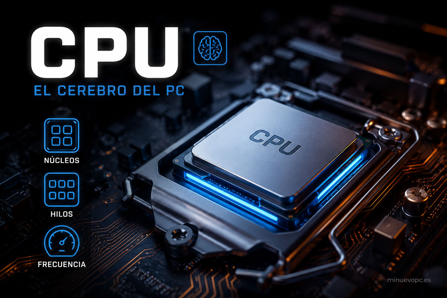 Procesador CPU gaming moderno sobre placa base con iluminación RGB azul, representación visual de núcleos, hilos y frecuencia para explicar cómo funciona el cerebro del PC gaming