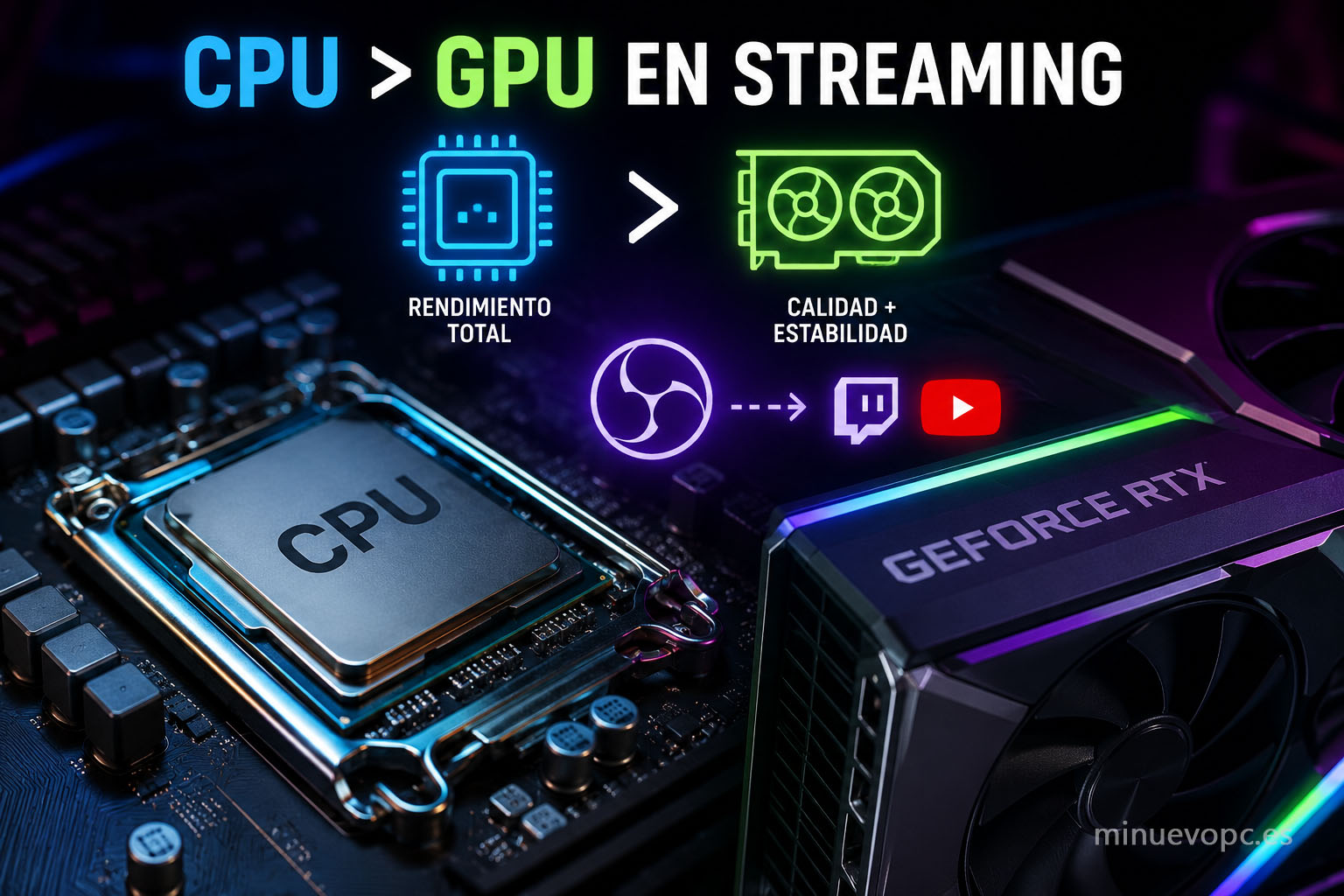 Comparativa entre CPU y GPU para streaming con OBS, mostrando qué componente influye más en la estabilidad y calidad de las emisiones en directo.