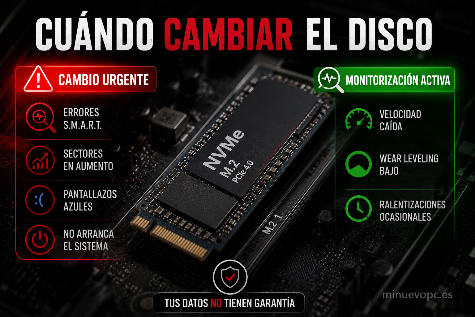 SSD NVMe instalado en una placa base con indicadores de cambio urgente y monitorización activa para identificar fallos antes de perder datos