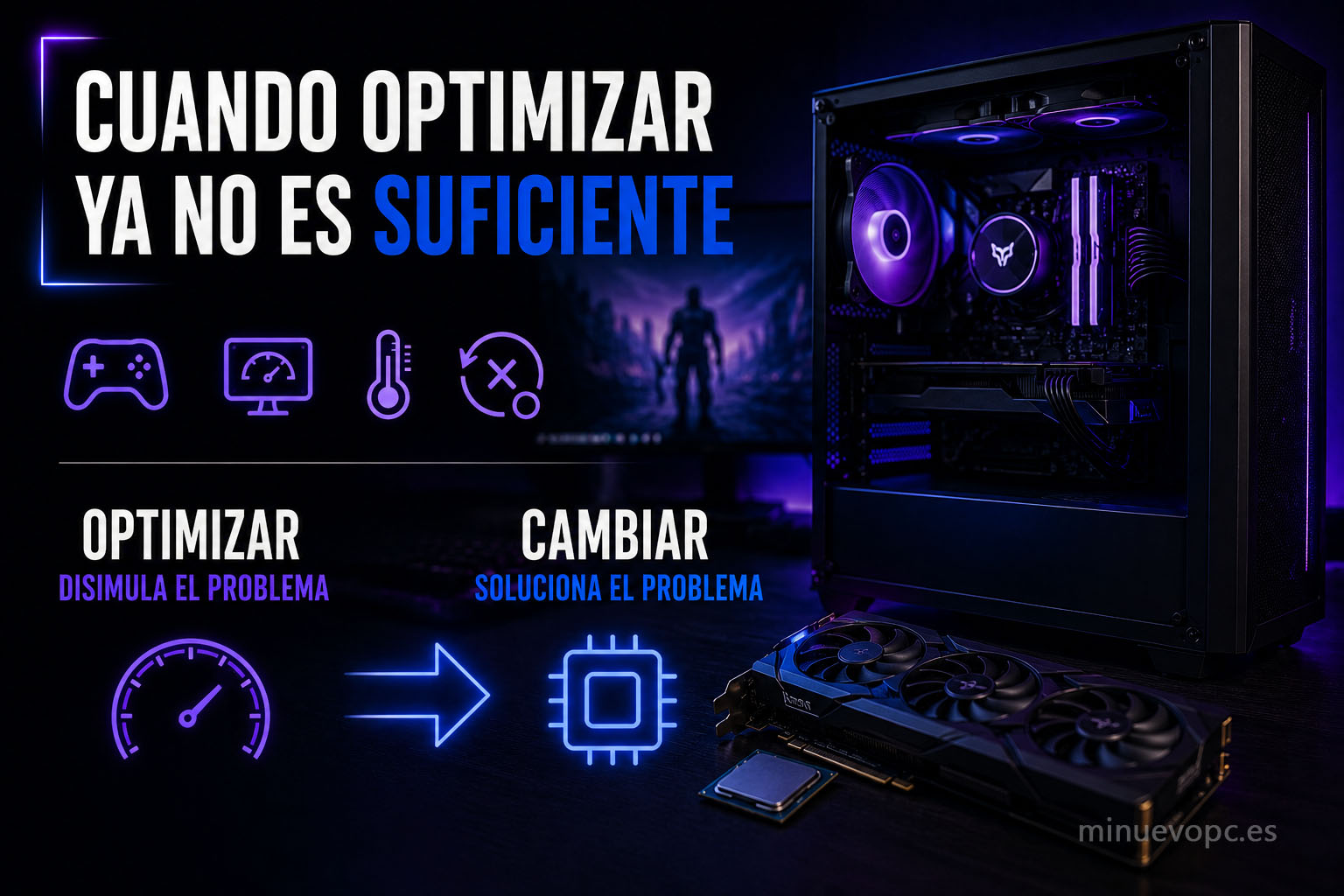 Escena gaming con iluminación neón e iconos de renovación representando cuándo el límite del rendimiento está en el hardware