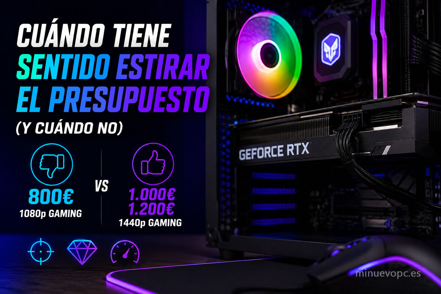 PC gaming con RTX y componentes RGB comparando 800€ frente a 1000€ y 1200€, una guía visual para saber cuándo merece la pena invertir más según el tipo de juegos