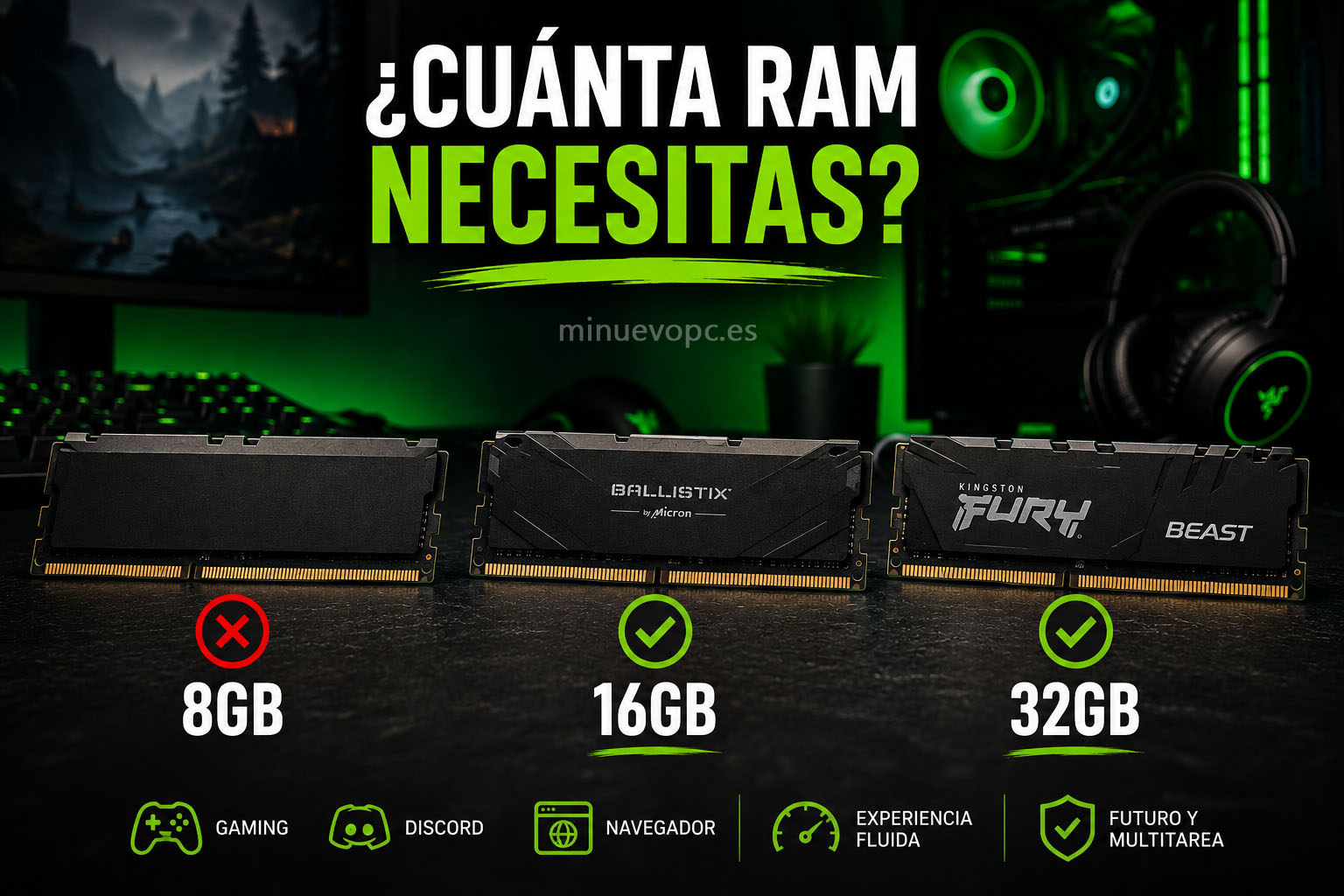 Comparativa entre 8 GB, 16 GB y 32 GB de memoria RAM para PC gaming con la capacidad recomendada según el uso