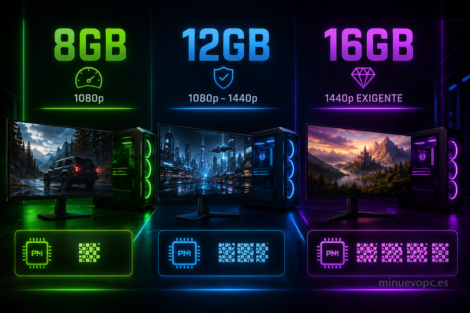 Comparativa de memoria VRAM 8GB, 12GB y 16GB para PC gaming mostrando qué tarjeta gráfica elegir según resolución, rendimiento y duración futura
