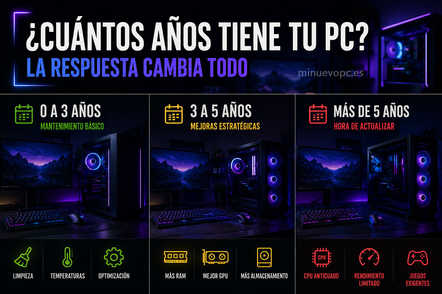 Ambiente gaming con iluminación azul y púrpura acompañado de indicadores visuales sobre la antigüedad del hardware y su impacto en juegos