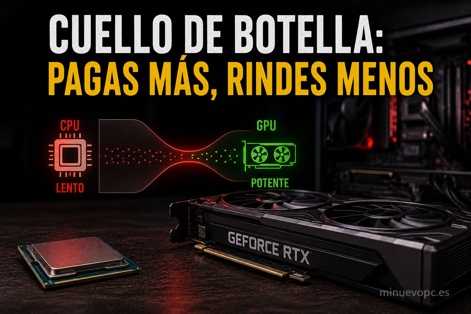 Tarjeta gráfica y procesador representados con iconos de desequilibrio explicando el cuello de botella en un PC gaming