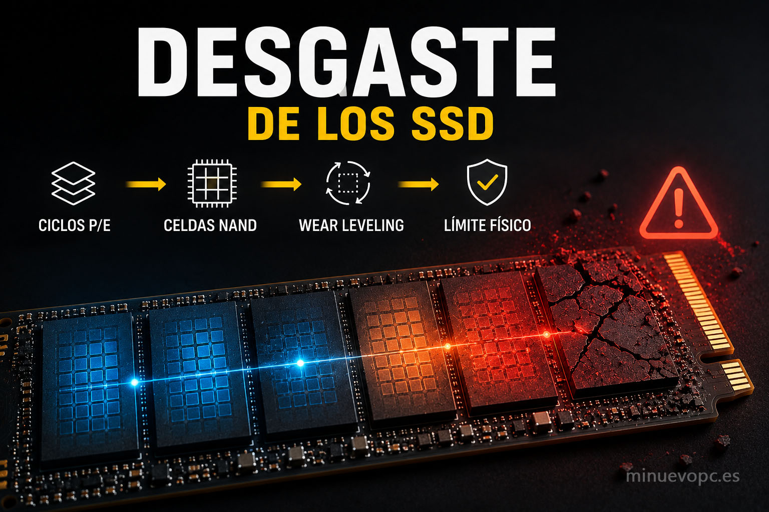 Desgaste de memoria NAND en SSD NVMe mostrando ciclos P/E, wear leveling y pérdida de rendimiento en almacenamiento SSD
