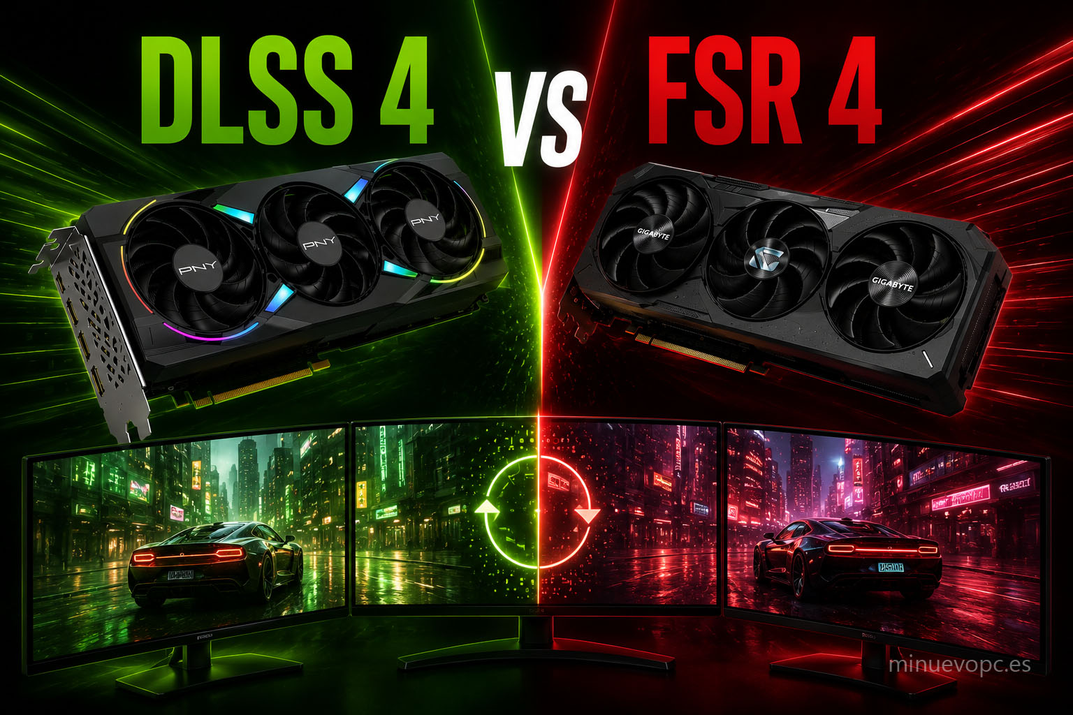 Comparativa visual entre DLSS 4 de NVIDIA y FSR 4 de AMD mostrando mejoras de FPS, reescalado inteligente y tecnologías gráficas para gaming en 1440p y juegos AAA
