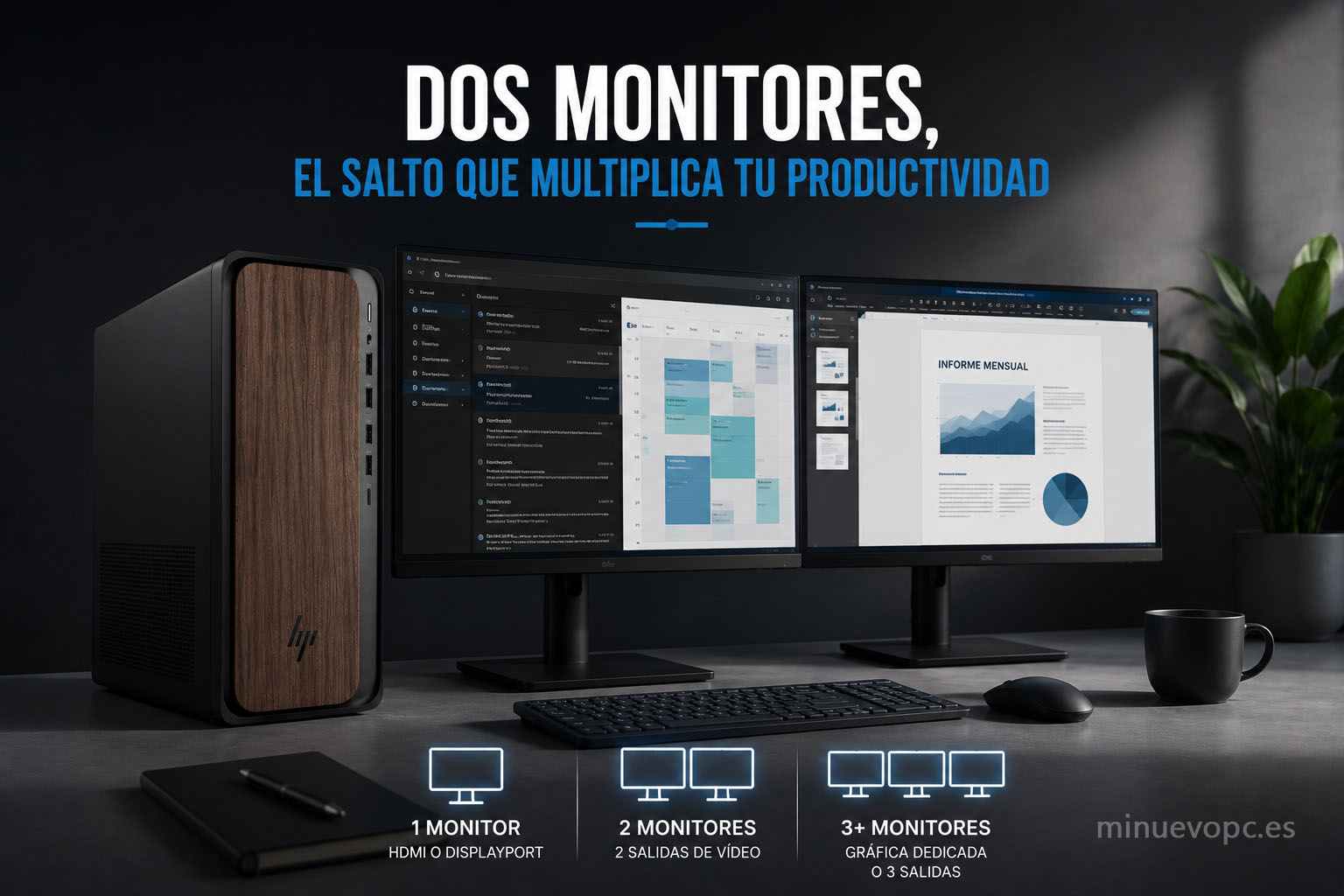 PC de sobremesa con doble monitor para productividad, multitarea y trabajo de oficina en casa