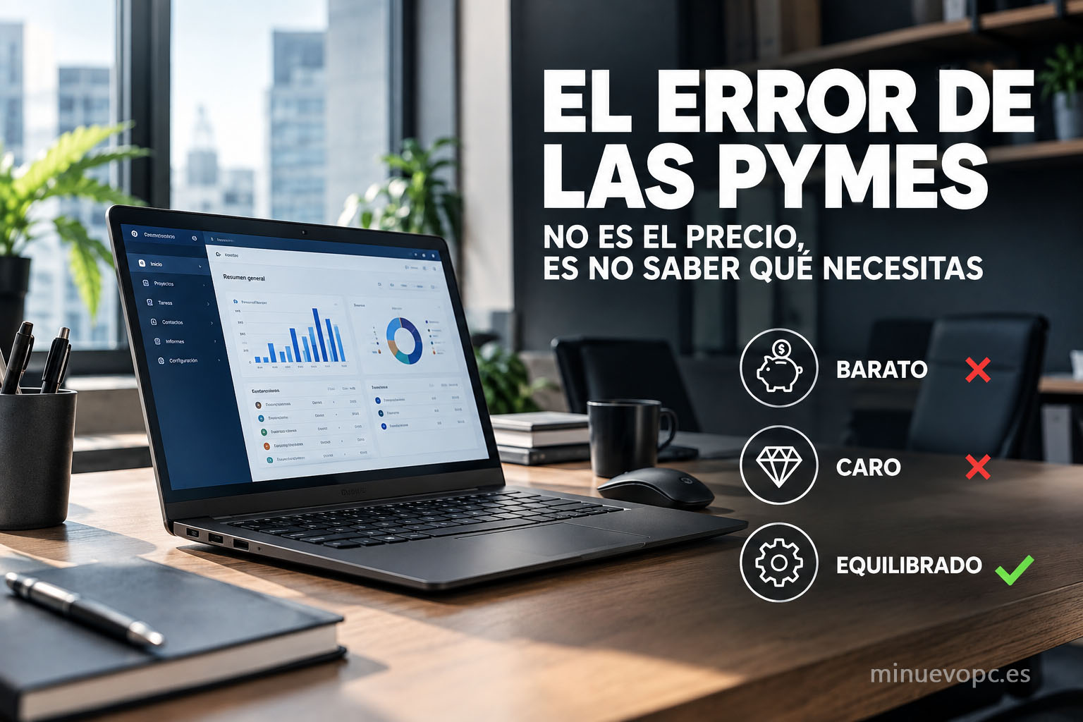 Portátil mostrando una aplicación de gestión y las opciones barato, caro y equilibrado al elegir equipos informáticos para empresa
