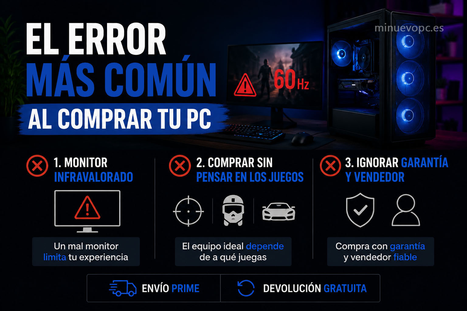 Ordenador gaming junto a un monitor de 60 Hz con avisos sobre los errores más comunes al comprar un PC gaming por 600 euros y elegir bien cada componente