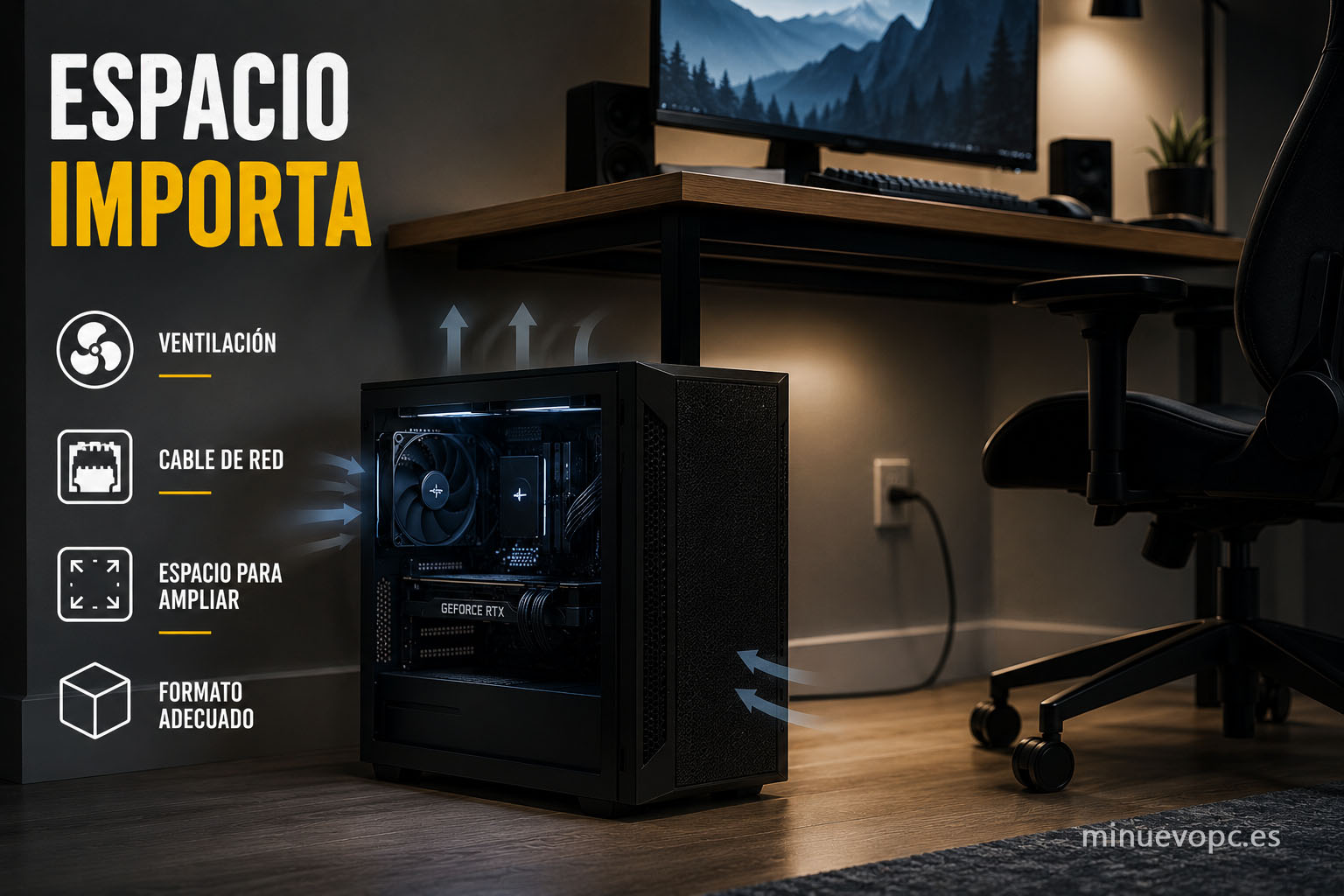 Ordenador gaming colocado bajo un escritorio con espacio libre alrededor mostrando la importancia de la ventilación y futuras ampliaciones