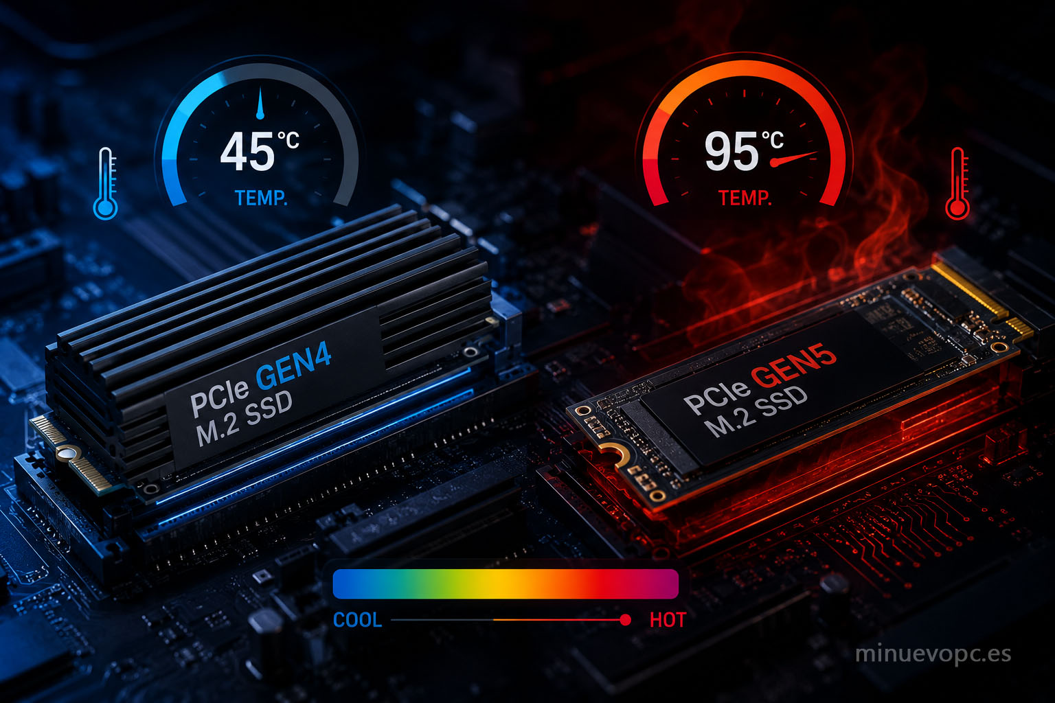 SSD NVMe Gen5 con disipador térmico en placa base gaming para evitar overheating y pérdida de rendimiento
