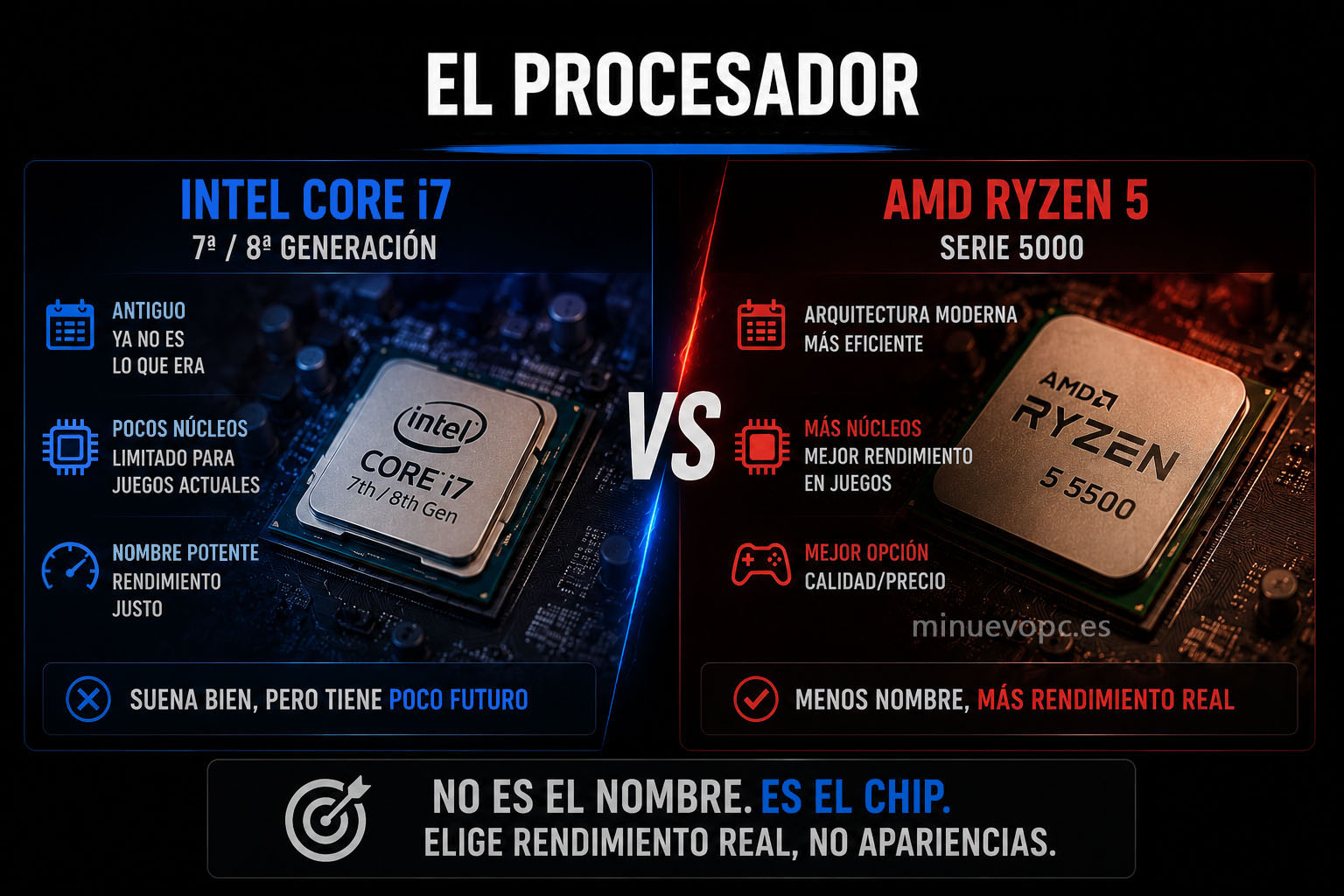 Comparativa entre un Intel Core i7 antiguo y un AMD Ryzen 5 moderno mostrando por qué la arquitectura influye más que el nombre del procesador
