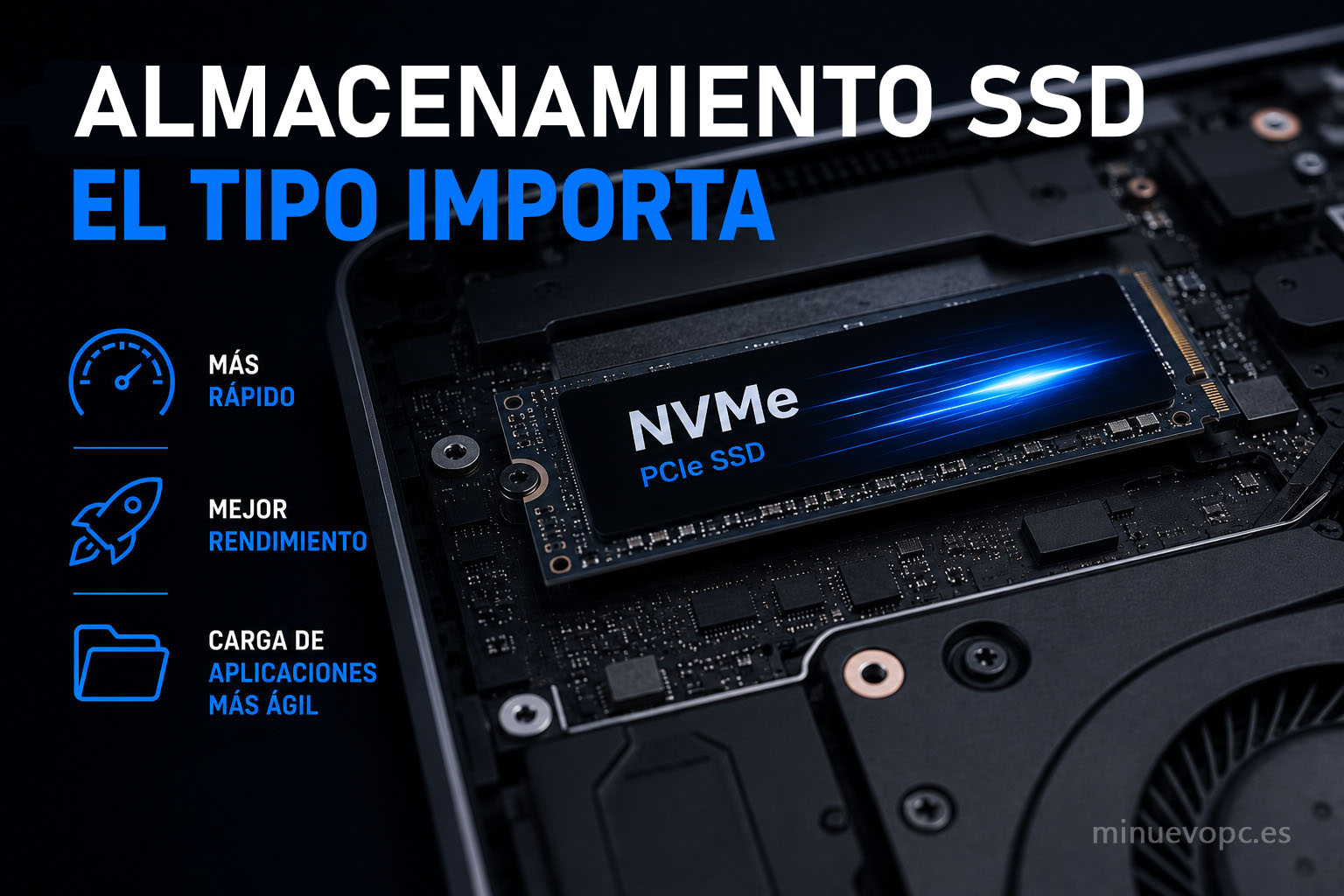SSD NVMe PCIe en un portátil moderno para mejorar velocidad, rendimiento y tiempos de carga frente a otras opciones de almacenamiento
