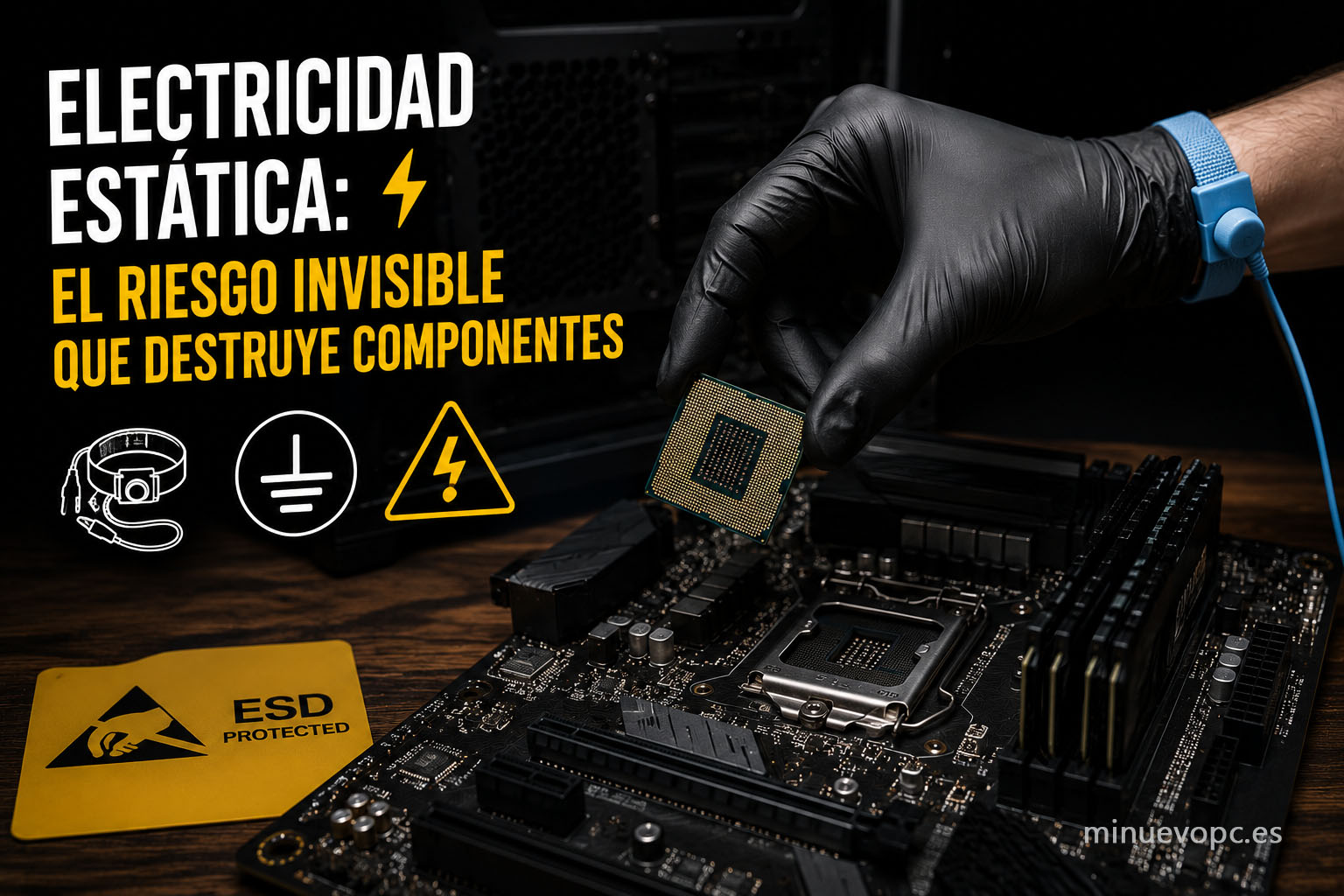 Pulsera antiestática y procesador listo para instalar sobre la placa base, una medida sencilla para evitar daños al montar un PC por primera vez