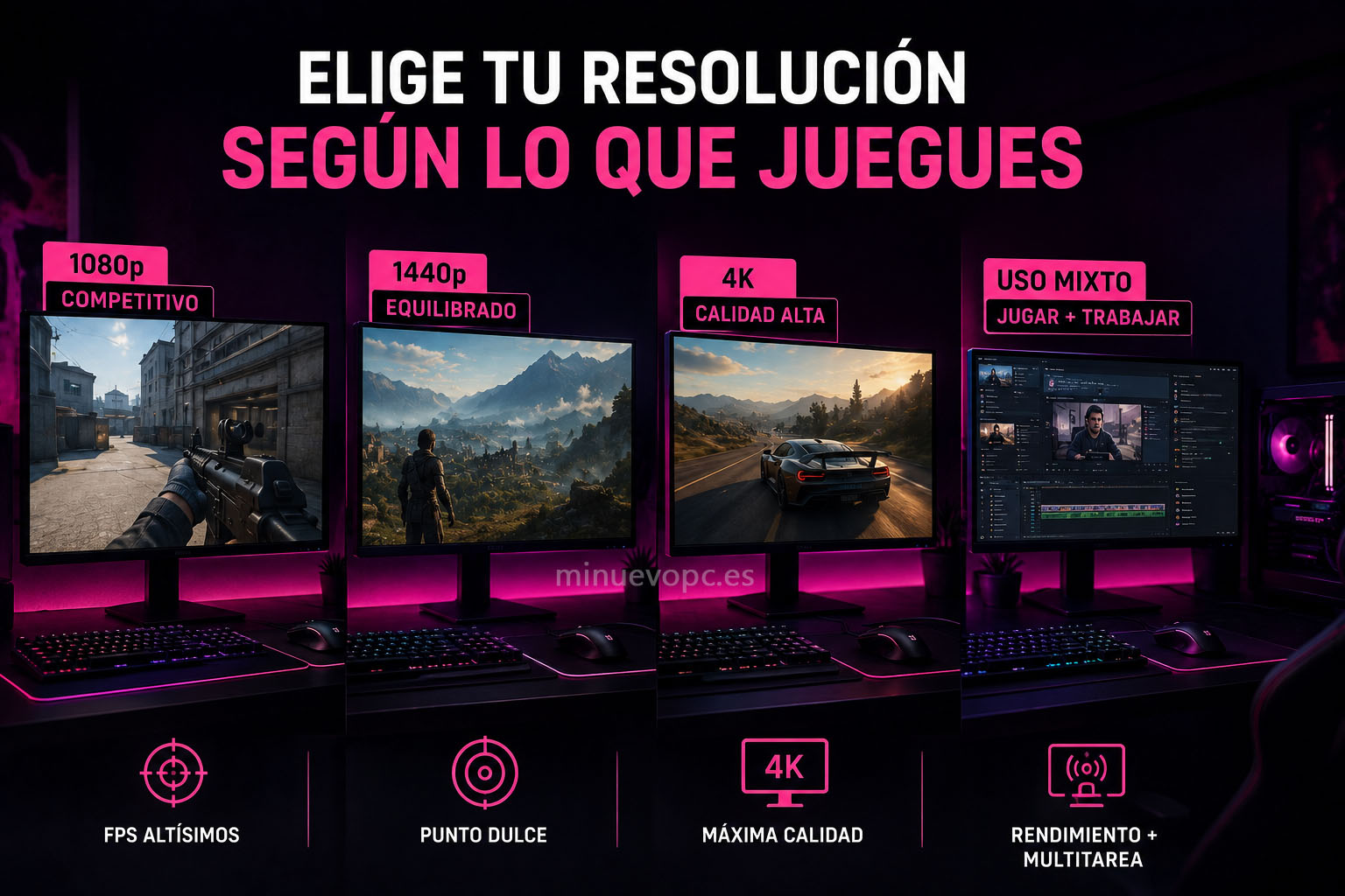 Configuración de PC gaming según la resolución: 1080p, 1440p, 4K o streaming para elegir el equipo que mejor se adapta a tu uso