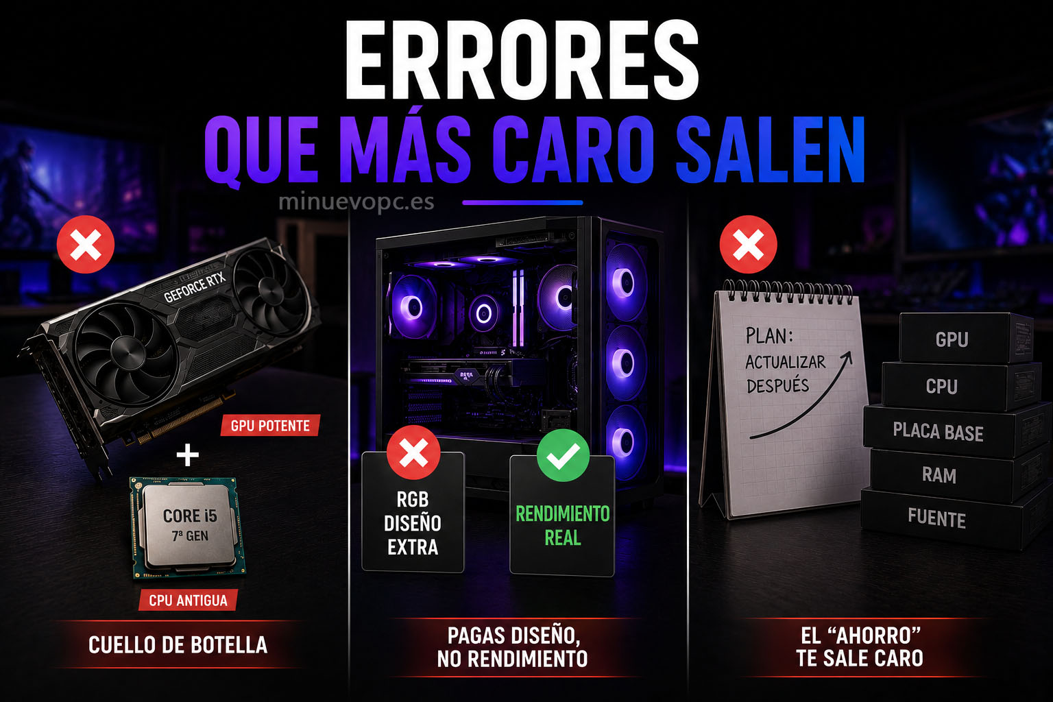 Comparativa visual de los errores más caros al elegir un PC gaming: cuello de botella, diseño sobre rendimiento y mejor calidad precio a largo plazo