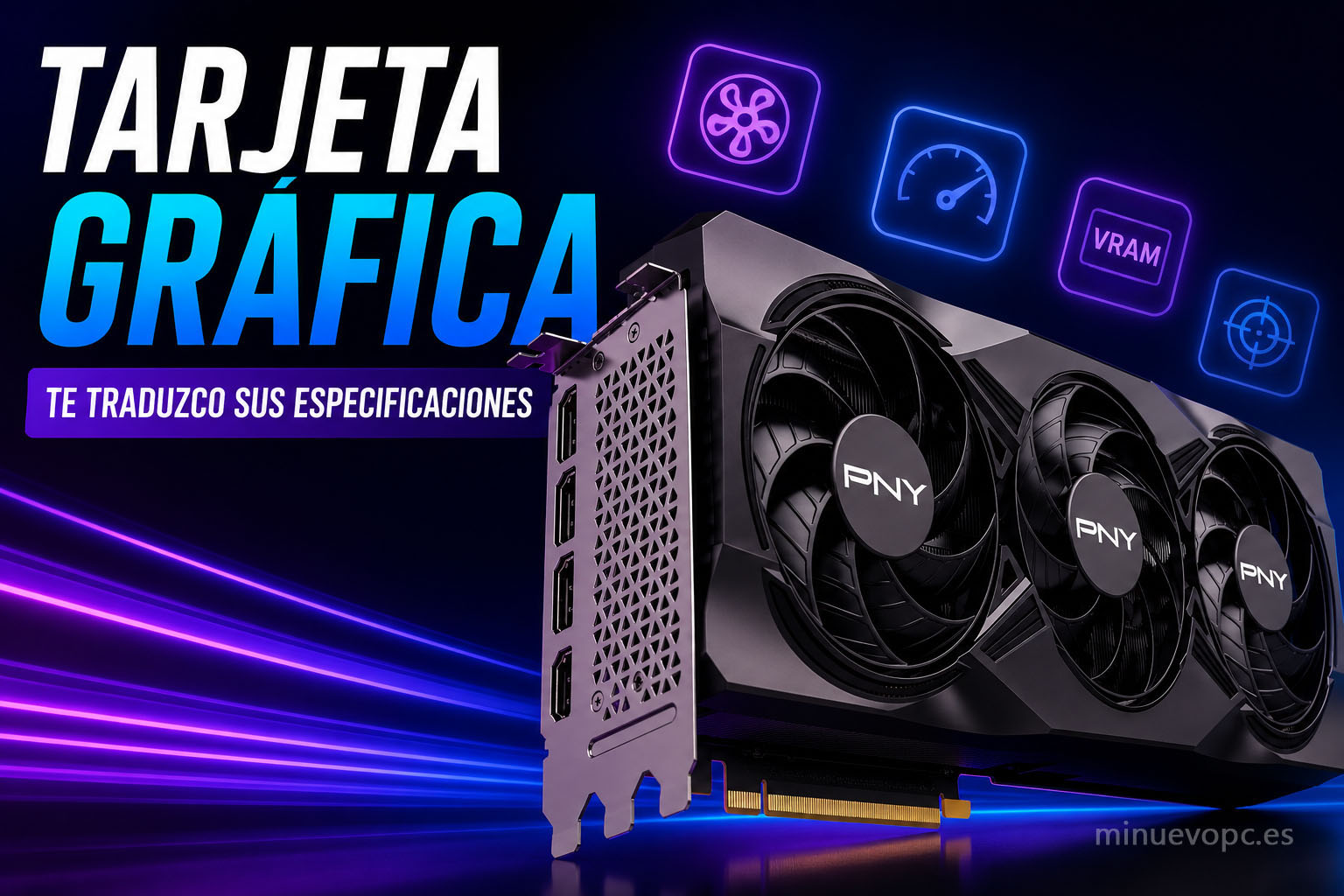 Tarjeta gráfica gaming mostrando VRAM, FPS y tecnologías como DLSS y ray tracing para entender las especificaciones de una GPU