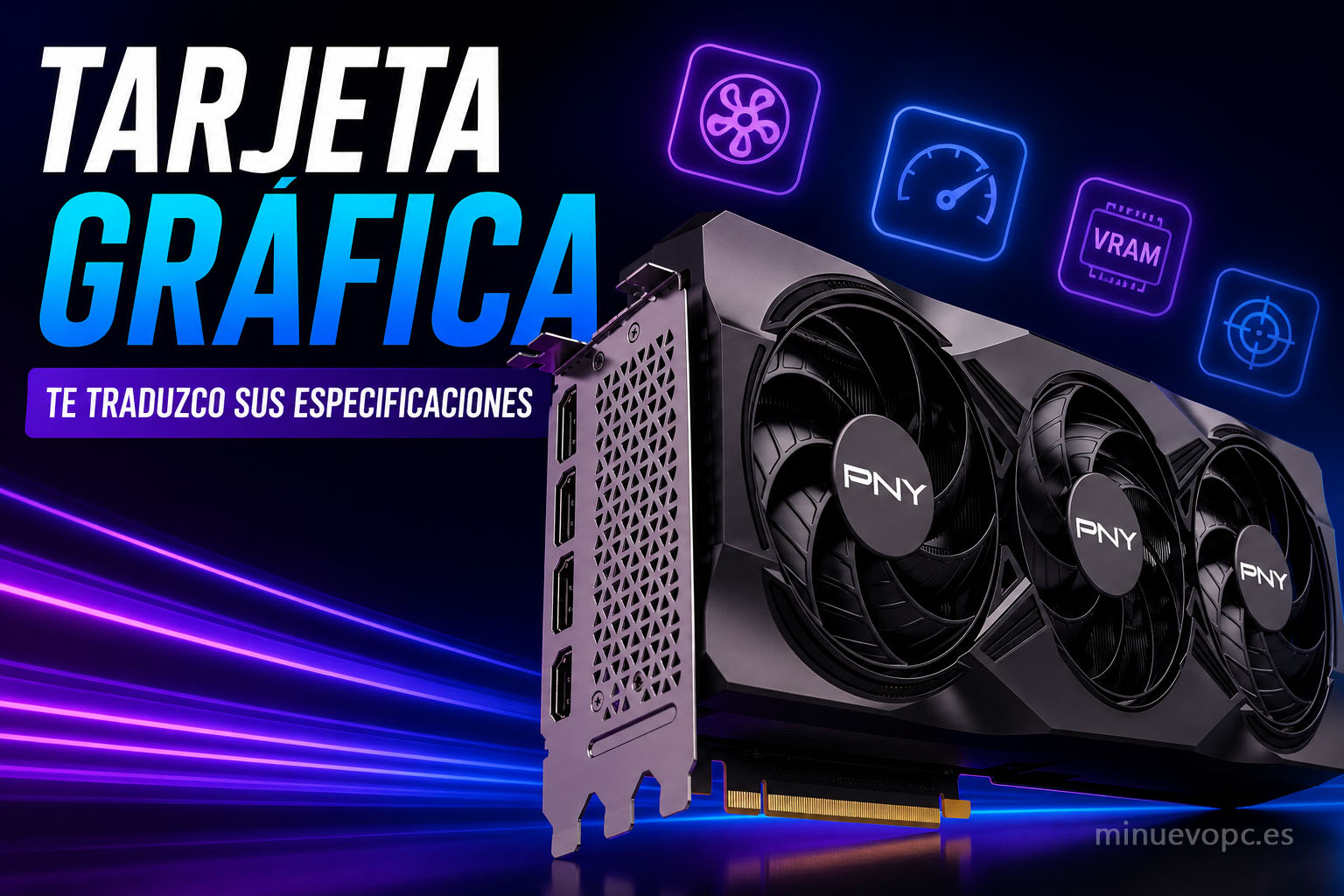 Tarjeta gráfica gaming mostrando VRAM, FPS y tecnologías como DLSS y ray tracing para entender las especificaciones de una GPU