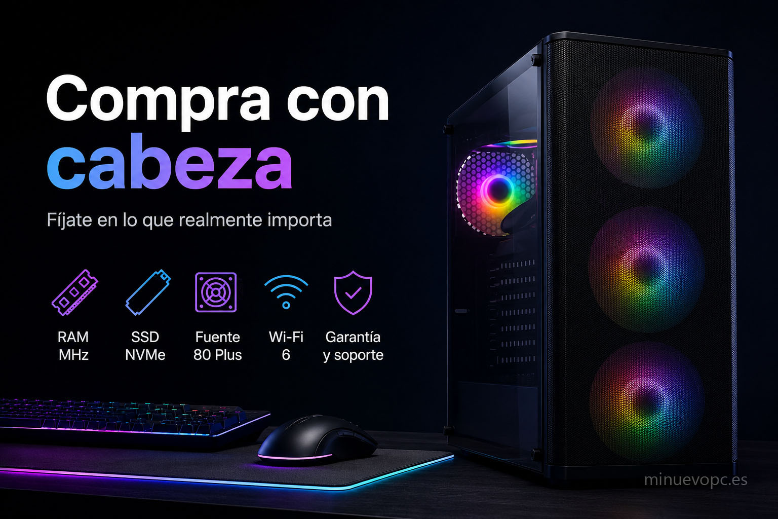 Qué mirar antes de comprar un PC gaming: memoria RAM, SSD NVMe, fuente de alimentación y conectividad del equipo.
