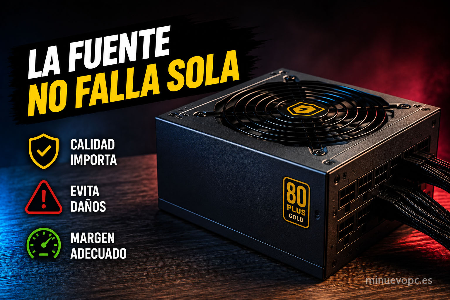 Fuente de alimentación modular para PC en primer plano con certificación 80 Plus y cables de alimentación