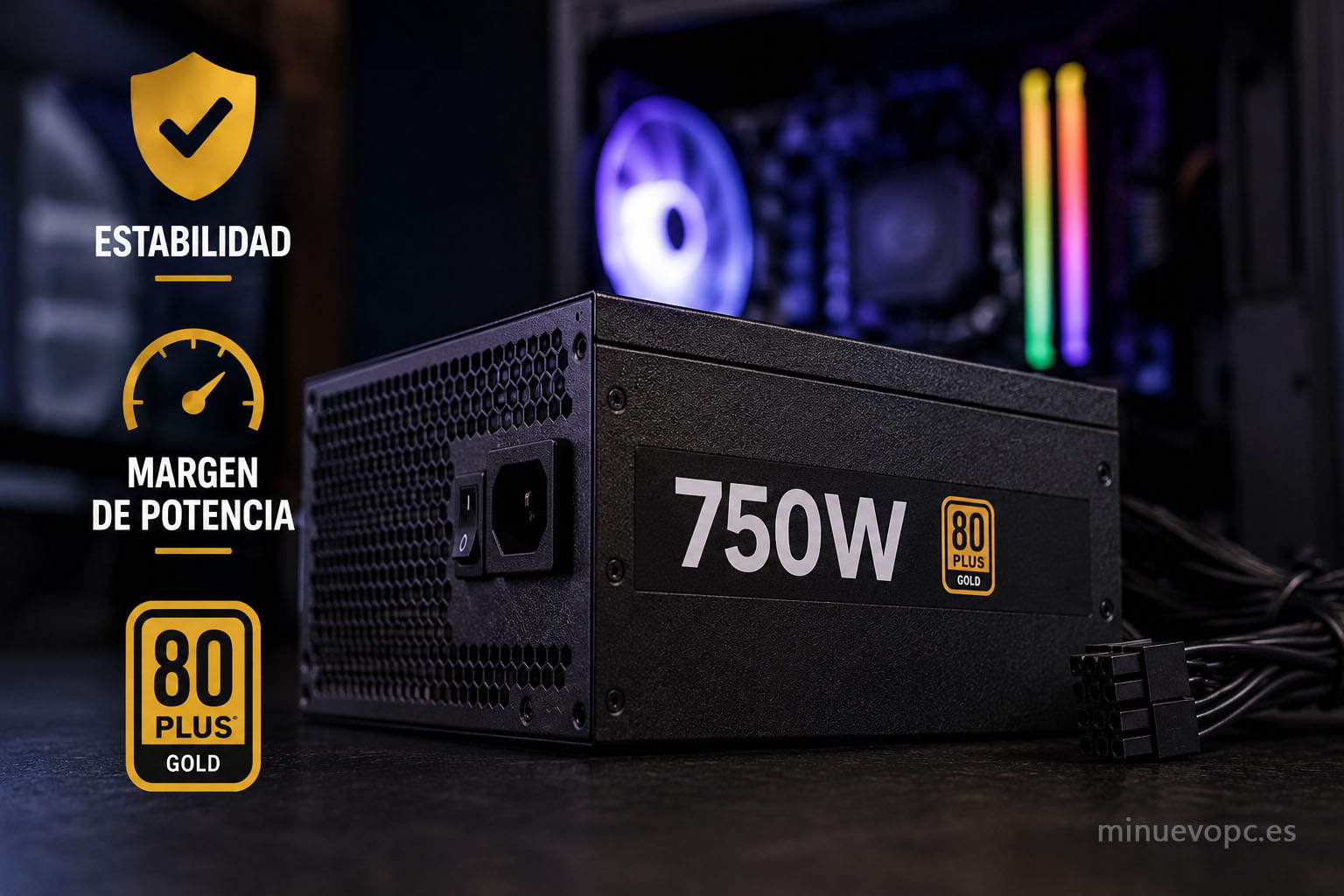 Fuente de alimentación 750W 80 Plus Gold para PC gaming potente, clave para estabilidad, eficiencia energética y mayor vida útil del equipo