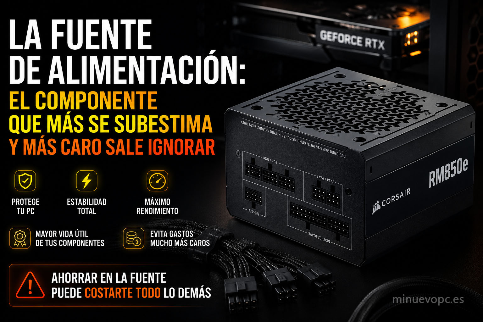 Fuente de alimentación modular para PC gaming explicando cómo elegir una PSU de calidad y evitar problemas de potencia