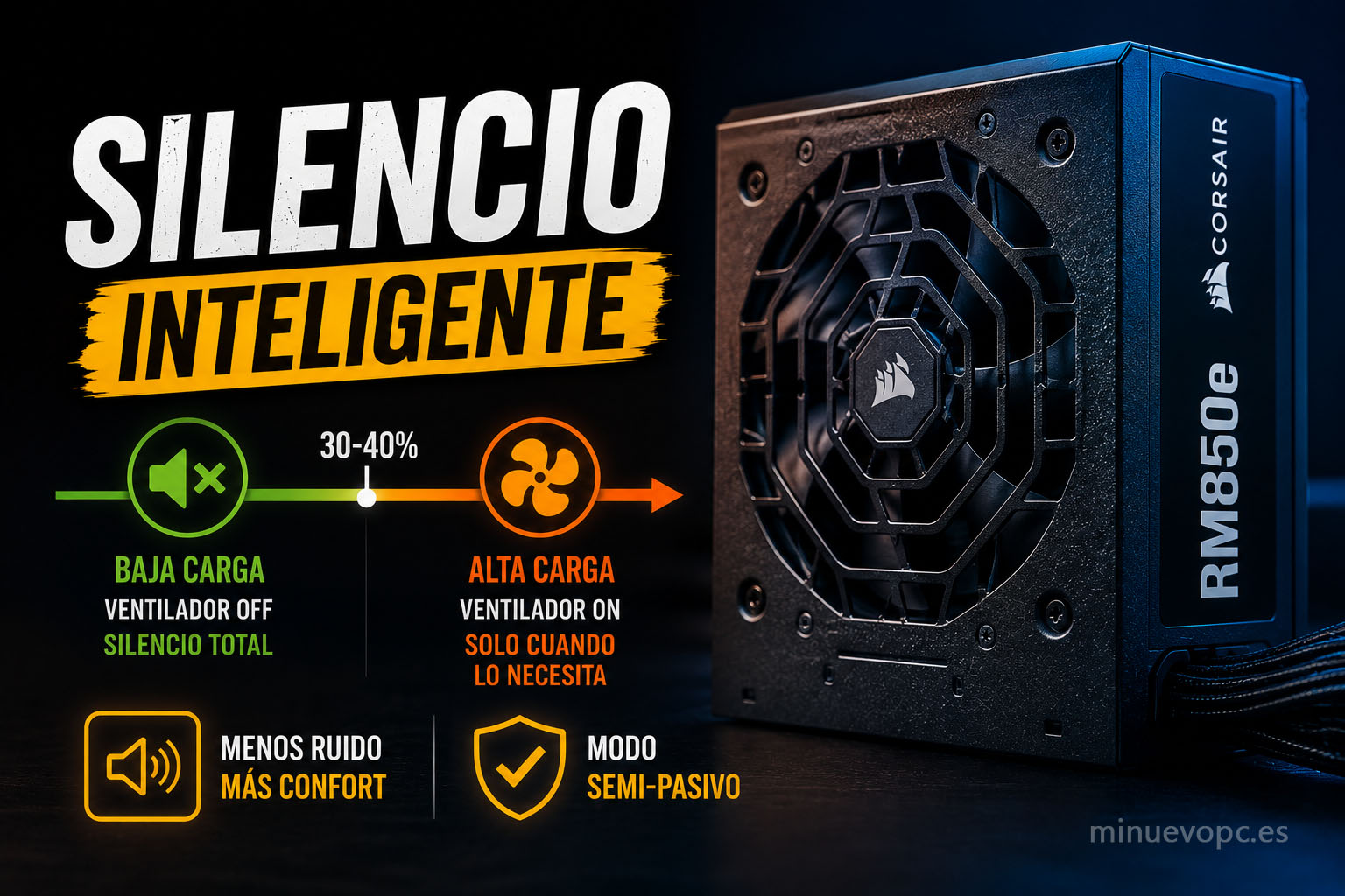 Fuente de alimentación silenciosa con ventilador zero RPM y sistema semi-pasivo para reducir el ruido del ordenador