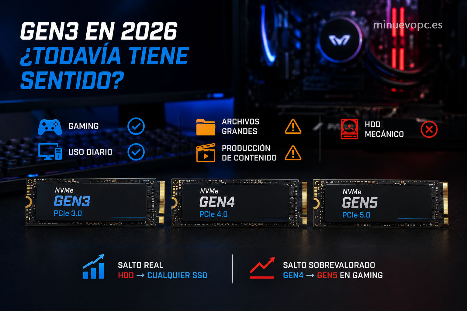 Comparativa visual entre SSD NVMe Gen3, Gen4 y Gen5 junto a un disco duro HDD mostrando por qué un Gen3 sigue siendo una opción con buena calidad precio
