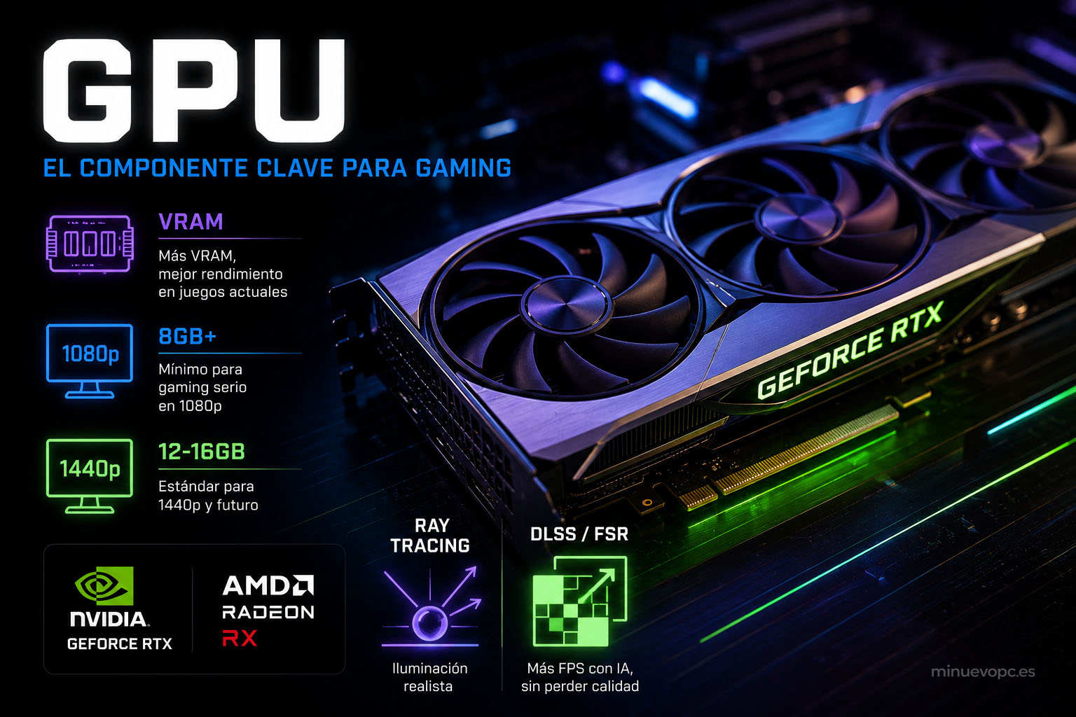 Tarjeta gráfica GPU gaming NVIDIA GeForce RTX con iluminación RGB, explicación visual de VRAM, ray tracing y tecnologías DLSS para juegos en 1080p y 1440p